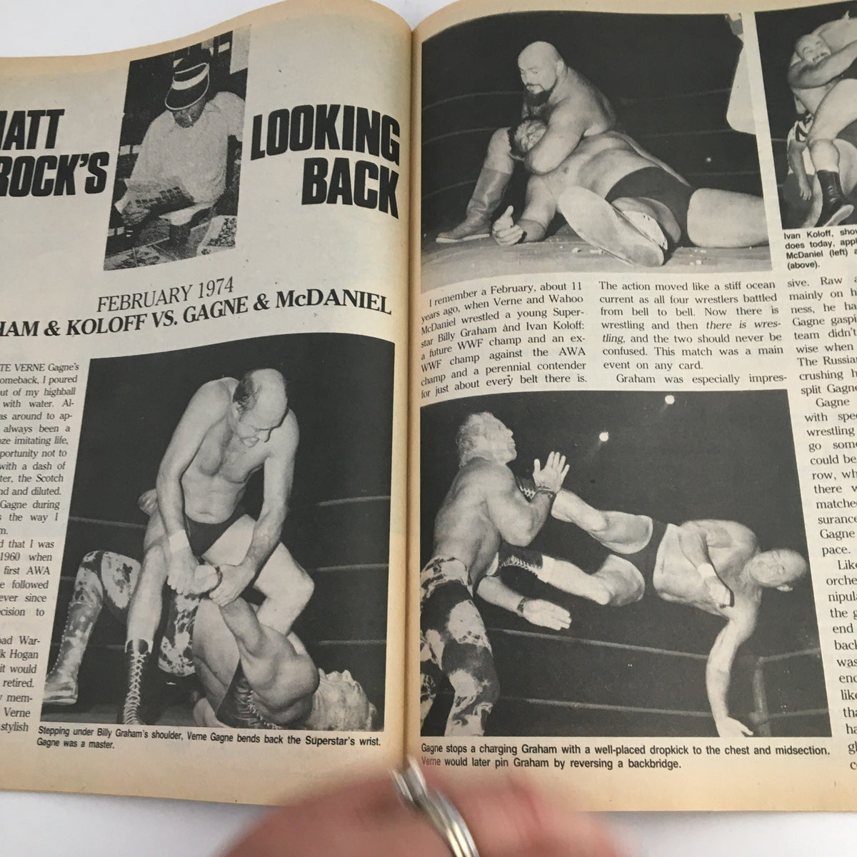 A historical look back in The Wrestler Magazine September 1985 featuring wrestling legends Ivan Koloff and Billy Graham in a classic match, highlighting key moments and techniques.