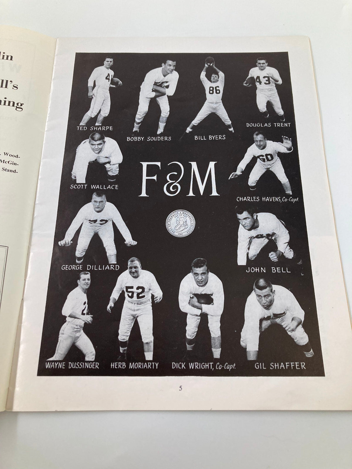 Team roster page of Franklin & Marshall featuring players like Ted Sharpe, Bobby Souder, and Gil Shaffer from the November 16 1957 Football Franklin & Marshal Muhlenberg Official Program.