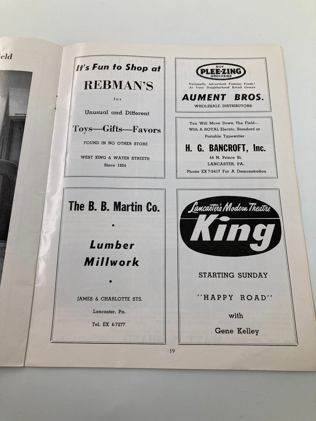 Advertisement page featuring local businesses such as Rebman’s and B.B. Martin Co. from the November 16 1957 Football Franklin & Marshal Muhlenberg Official Program.