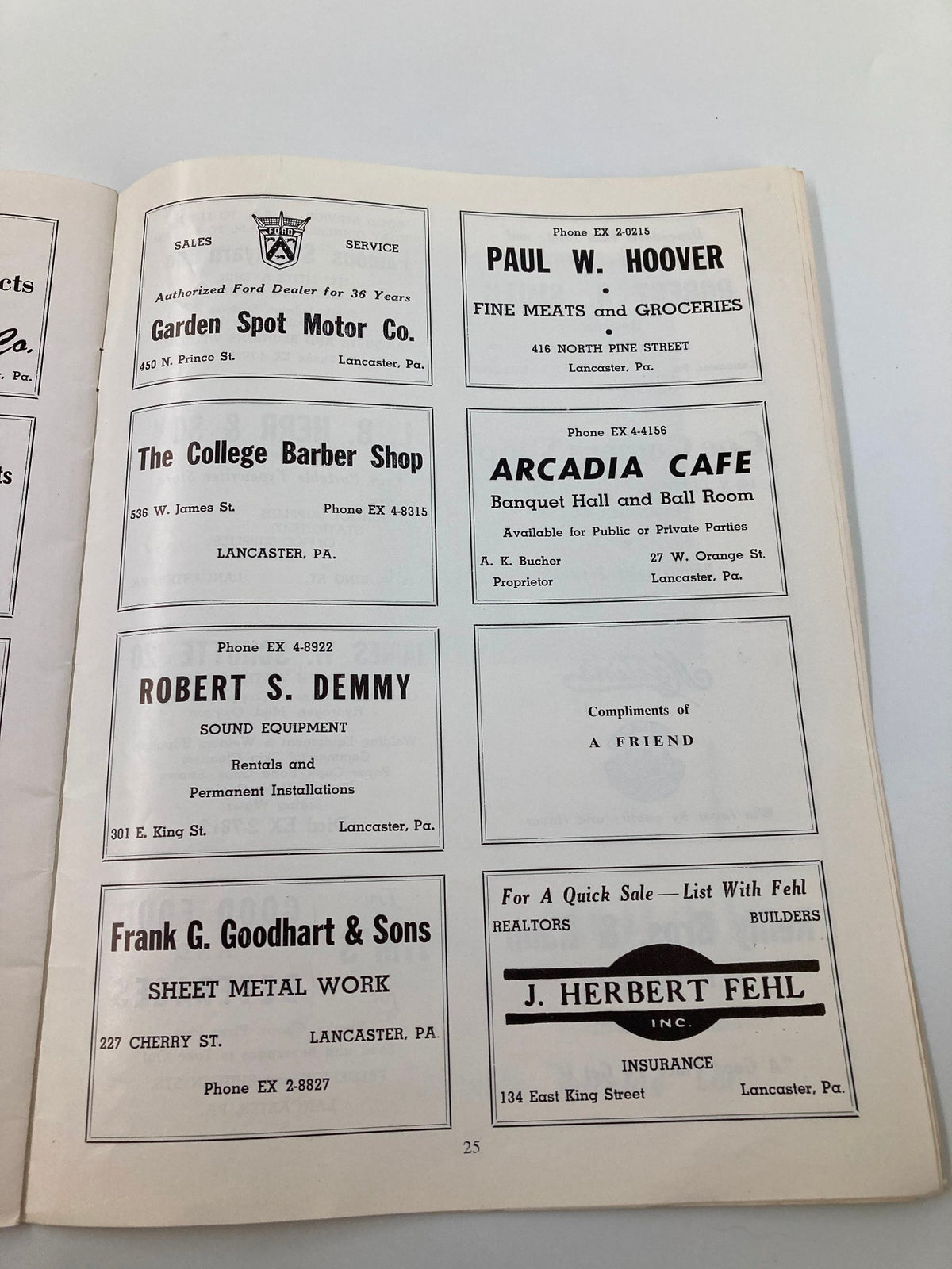 Interior page featuring advertisements from the November 16, 1957 Football Franklin & Marshall Muhlenberg Official Program, showcasing local businesses and services in Lancaster, PA.