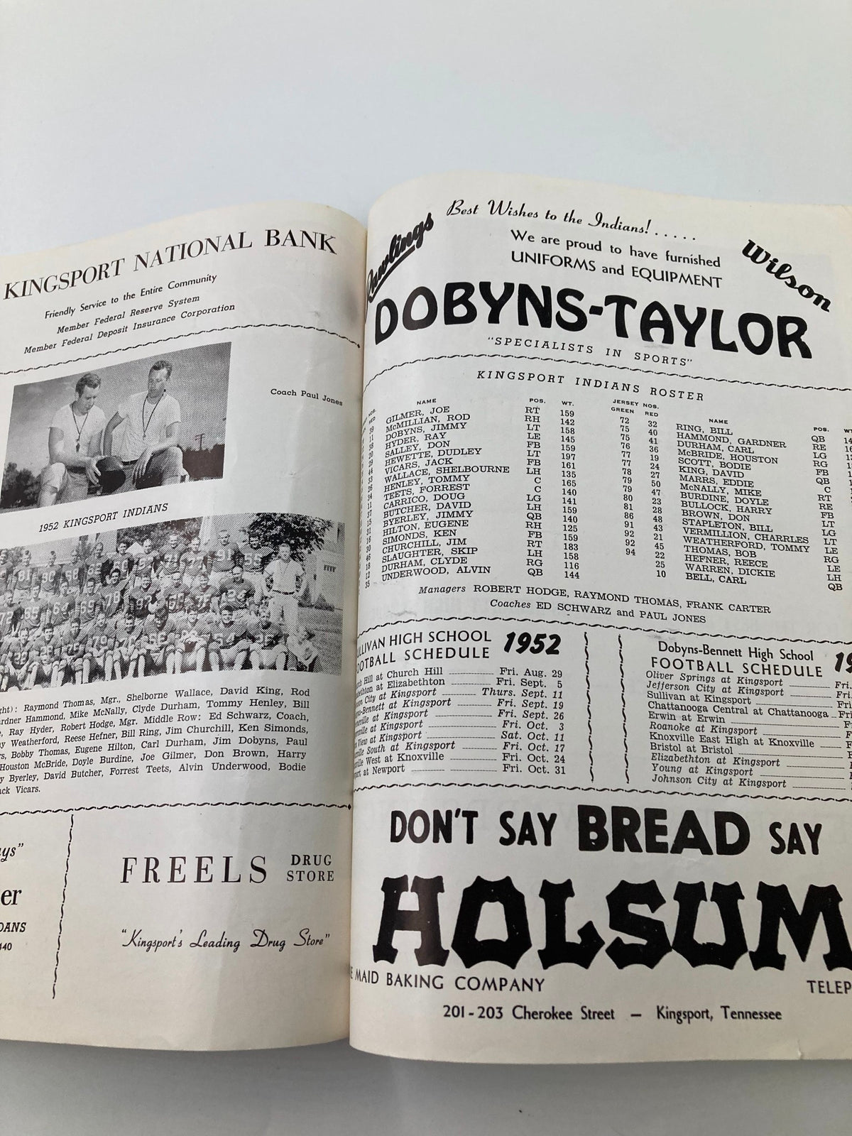 Advertisement page in the November 7, 1952 Football Program, showcasing local sponsors and events around Kingsport High School football.