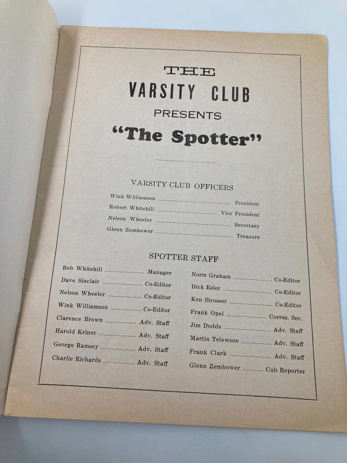 Inside page of the October 4 1947 High School Football Grove City vs Dickinson Official Program, listing the Varsity Club officers and staff.