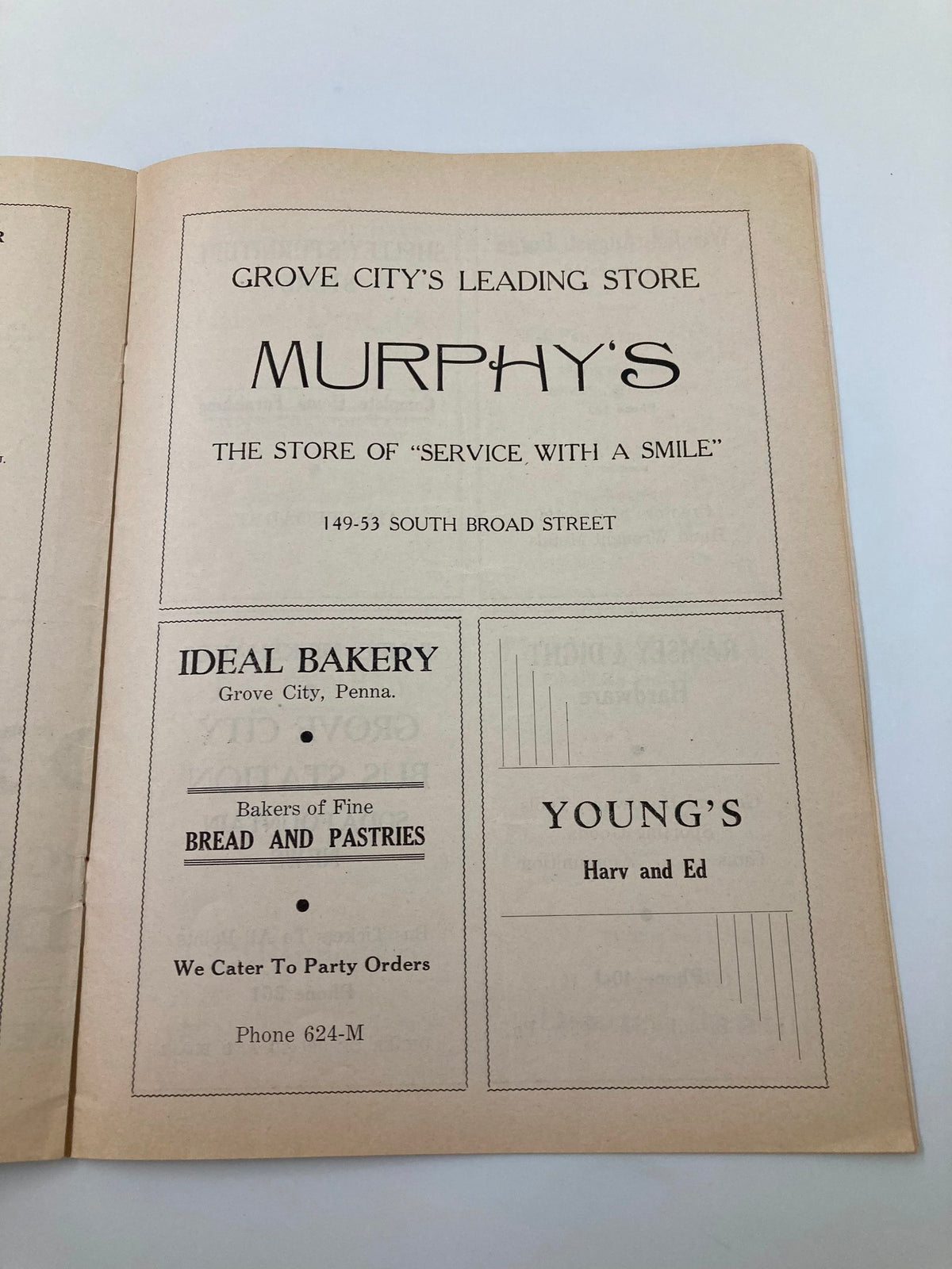 October 4 1947 High School Football Grove City vs Dickinson Official Program including advertisements for local businesses such as Murphy's, Ideal Bakery, and Young's, promoting their services in Grove City, Pennsylvania.