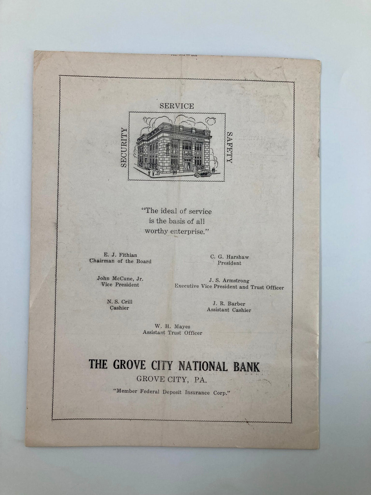 October 4 1947 High School Football Grove City vs Dickinson Official Program featuring a page from the Grove City National Bank outlining their mission statement and leadership.