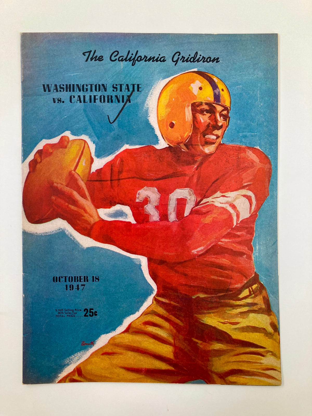 October 18 1947 Football program cover for the match between Washington State vs California, featuring an illustration of a football player in uniform, showcasing vintage design and colors.