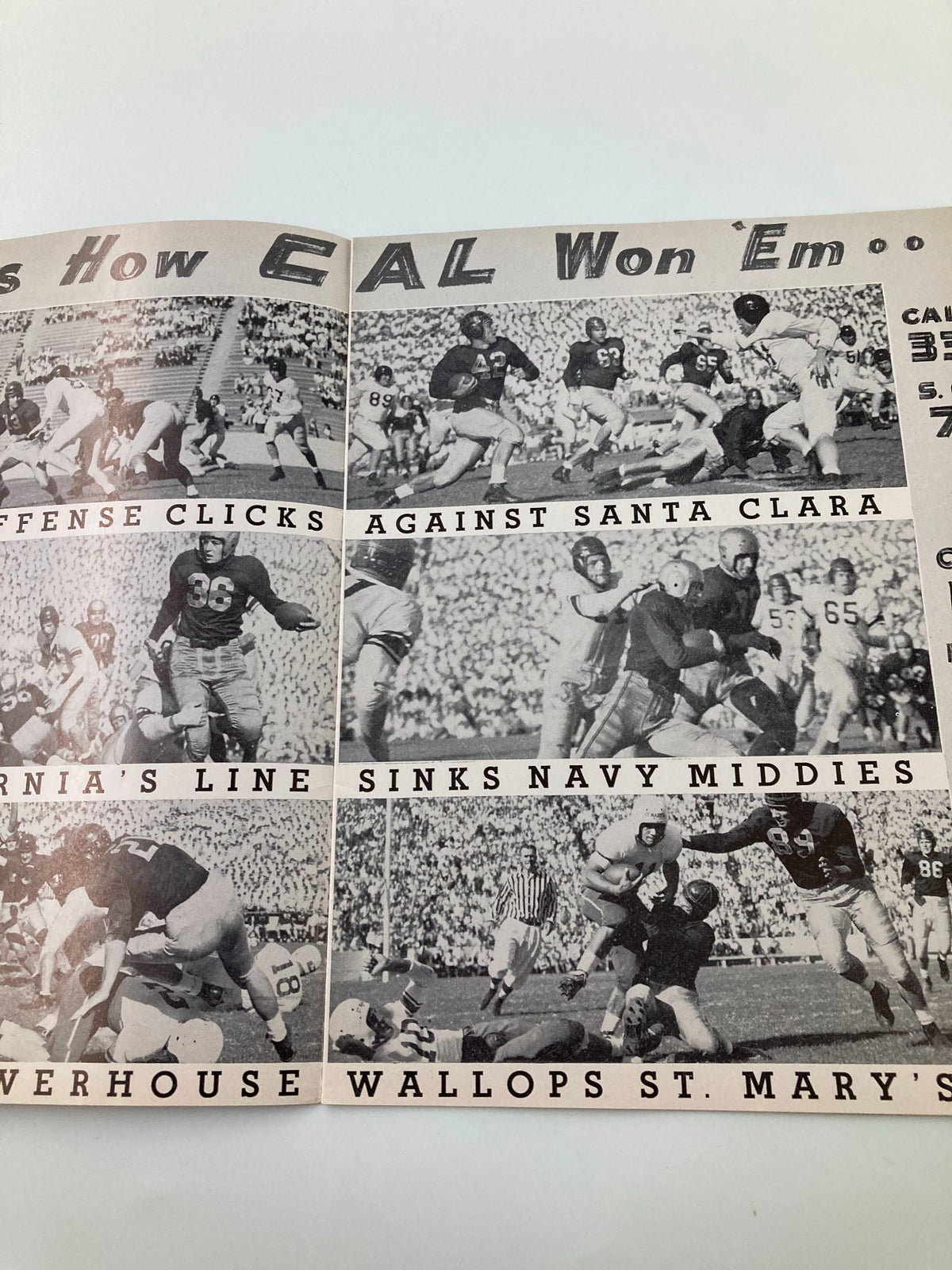 October 18 1947 Football Washington St vs California Gridiron Program interior page showcasing action shots of players from previous games, highlighting the excitement of college football.