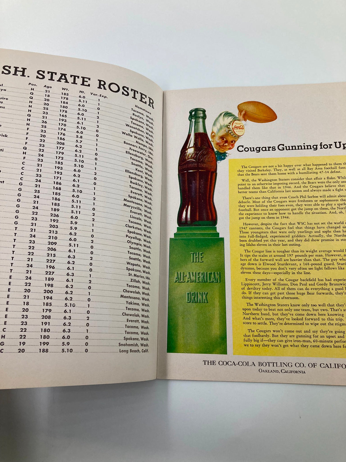 October 18 1947 Football Washington St vs California Gridiron Program page displaying the Washington State roster alongside a vintage Coca-Cola advertisement, reflecting college football culture of the era.