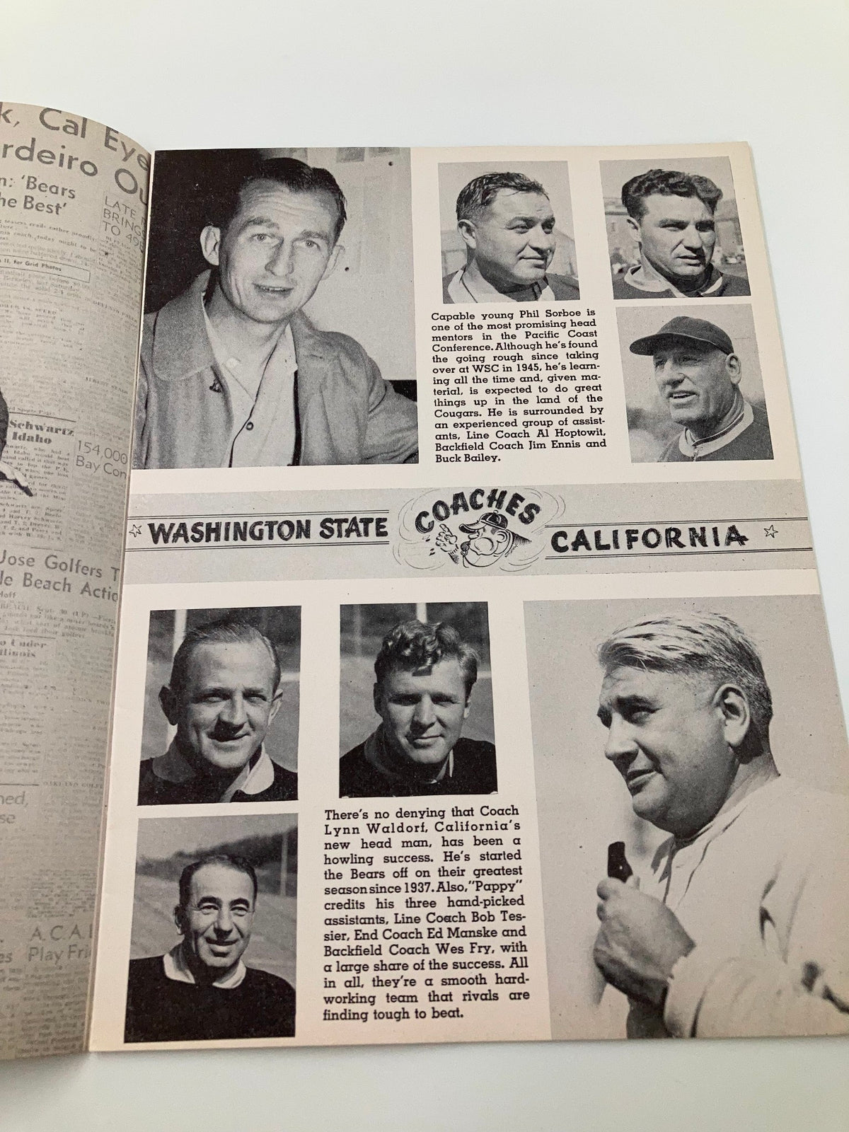 October 18 1947 Football Washington St vs California Gridiron Program featuring portraits of coaching staff from Washington State and California with descriptions of their contributions to college football.