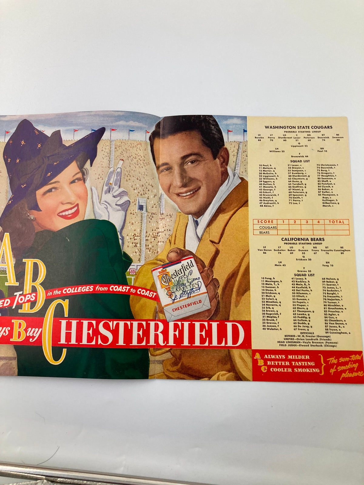 October 18 1947 Football Washington St vs California Gridiron Program artistic advertisement for Chesterfield cigarettes, showcasing the vintage marketing style of the late 1940s.