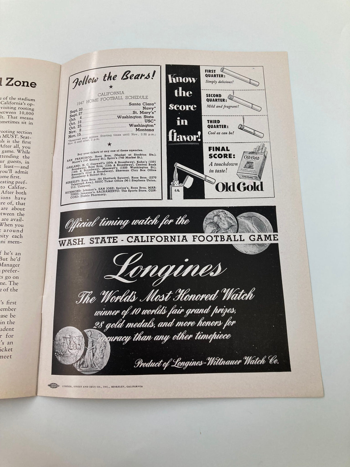 Inside page of the October 18 1947 Football Washington St vs California Gridiron Program showing an advertisement for Longines watches and a football schedule.