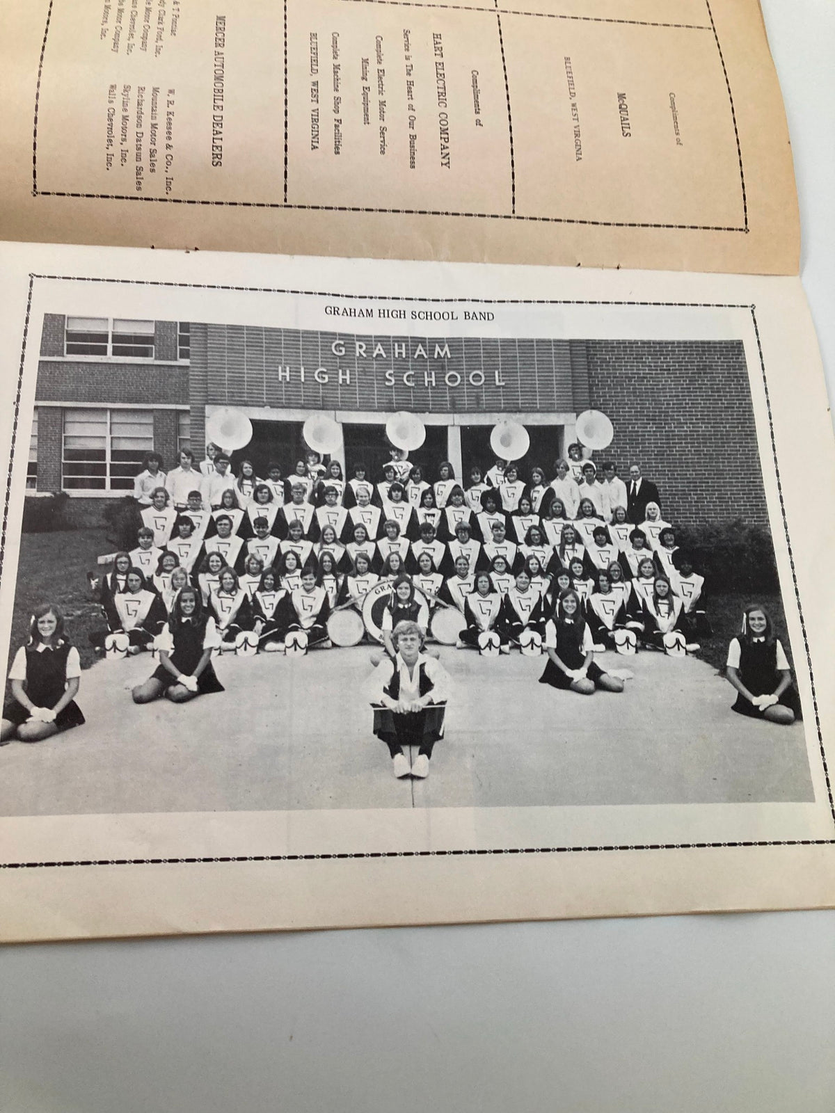 1949 High School Football Graham G-Men vs Bluefield Beavers Official Program showcasing the Graham High School Band with students posing in uniform outside the school.