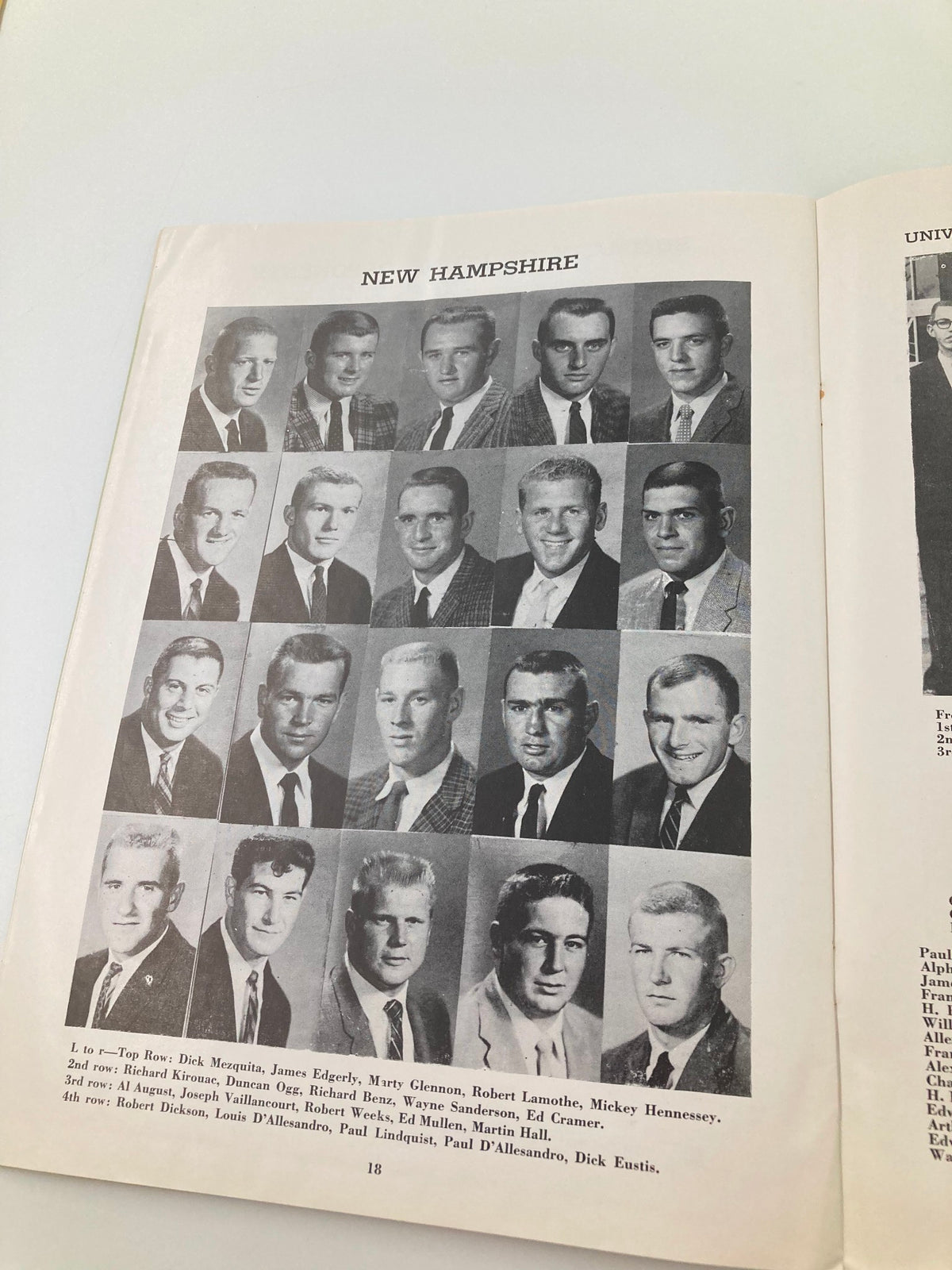 Portraits of New Hampshire football players shown in the October 8 1960 Football Maine New Hampshire Homecoming Souvenir Official Program, including player numbers and names.