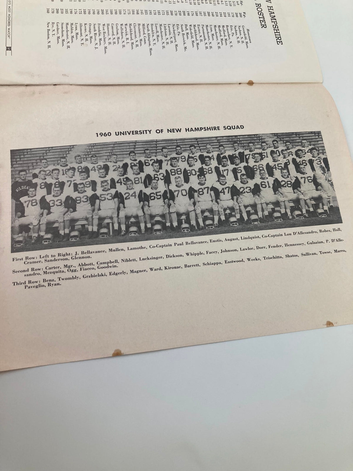 1960 University of New Hampshire football squad photos from the October 8 1960 Football Maine New Hampshire Homecoming Souvenir Official Program, showcasing players in team uniforms.
