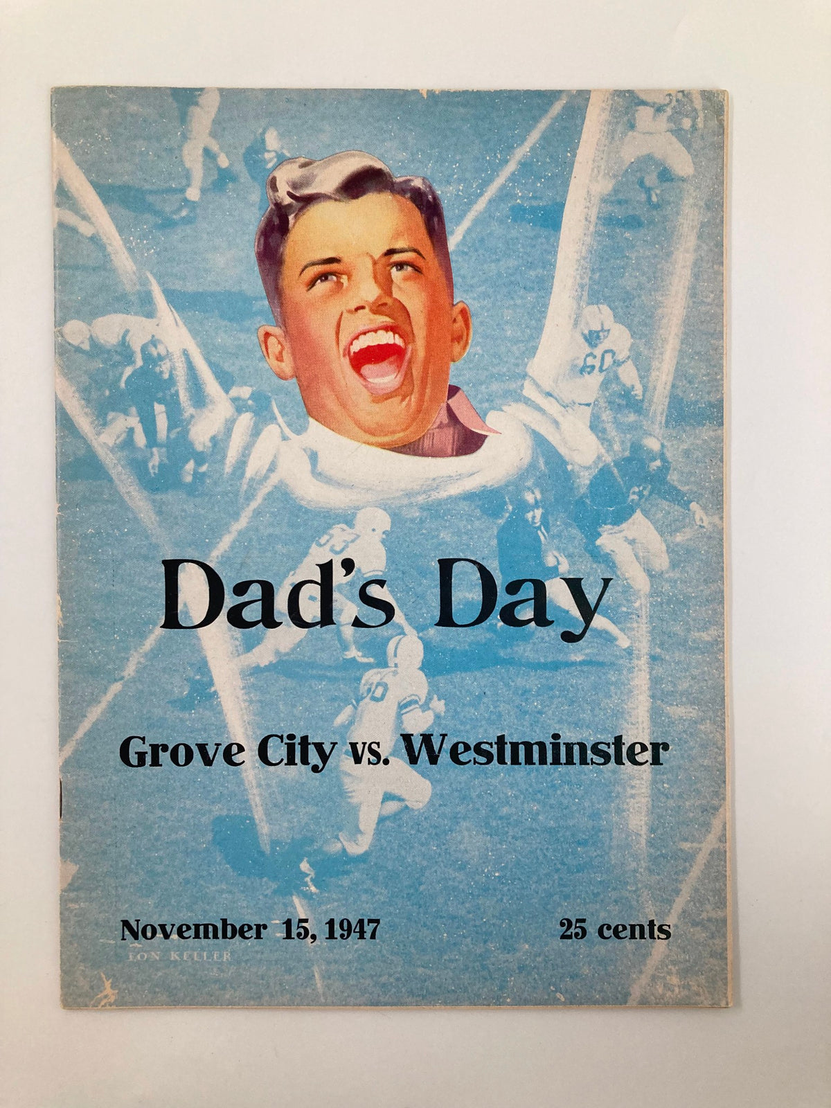 November 15, 1947 Dad's Day Football Program cover featuring a vintage illustration of a cheering fan, representing the game between Grove City and Westminster.