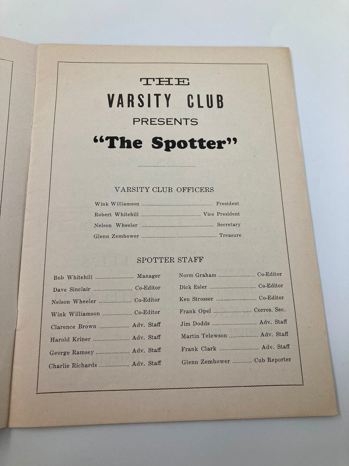 Inside page of the November 15, 1947 Dad's Day Football Program, showcasing the Varsity Club officers and staff, highlighting the college football community of the time.