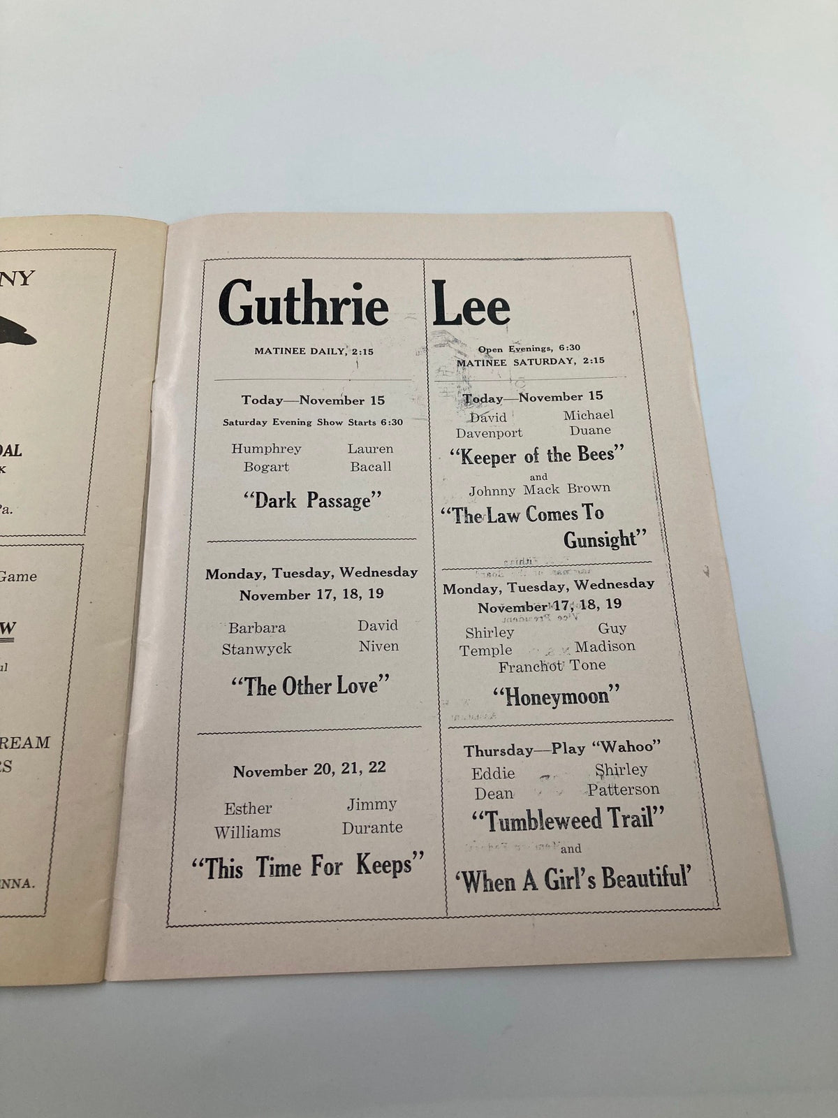 The Guthrie Lee show schedule page from the November 15, 1947 Dad's Day Football Program featuring movie listings.