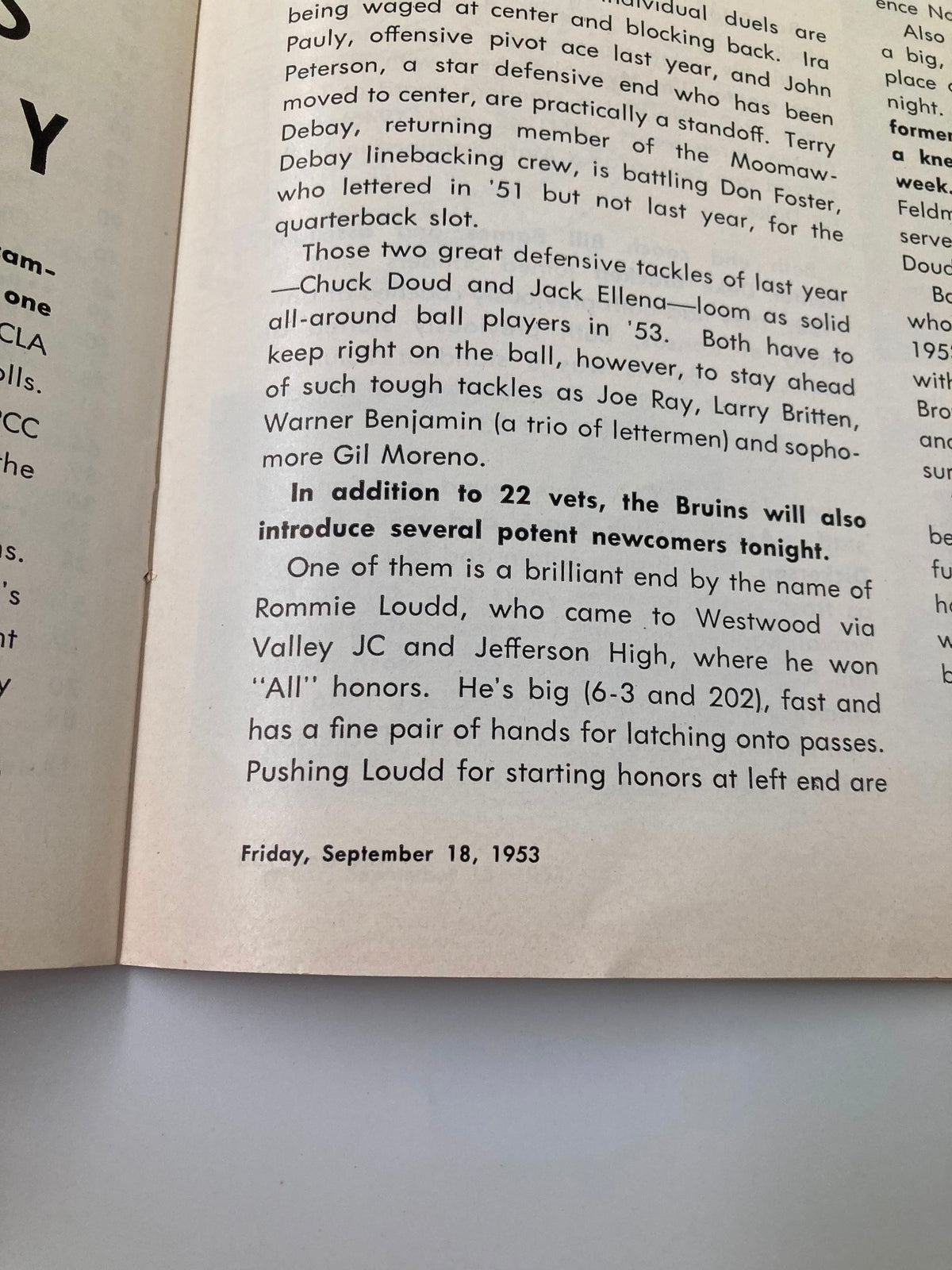 September 18 1953 NCAA Football OSC vs UCLA Bruins The Goal Post with commentary on key players including Ron Laird and new recruits.