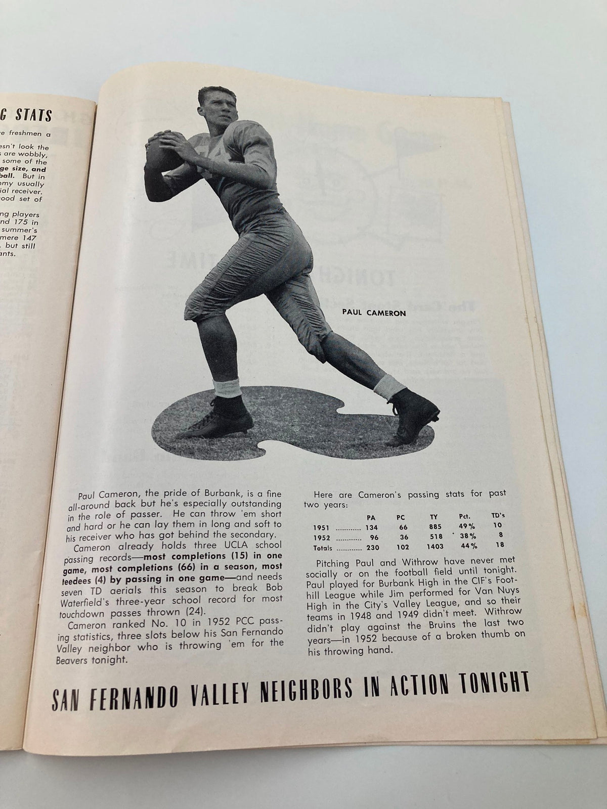 Paul Cameron, quarterback for OSC, featured in the September 18, 1953 NCAA Football program against UCLA Bruins, showcasing his throwing stance.