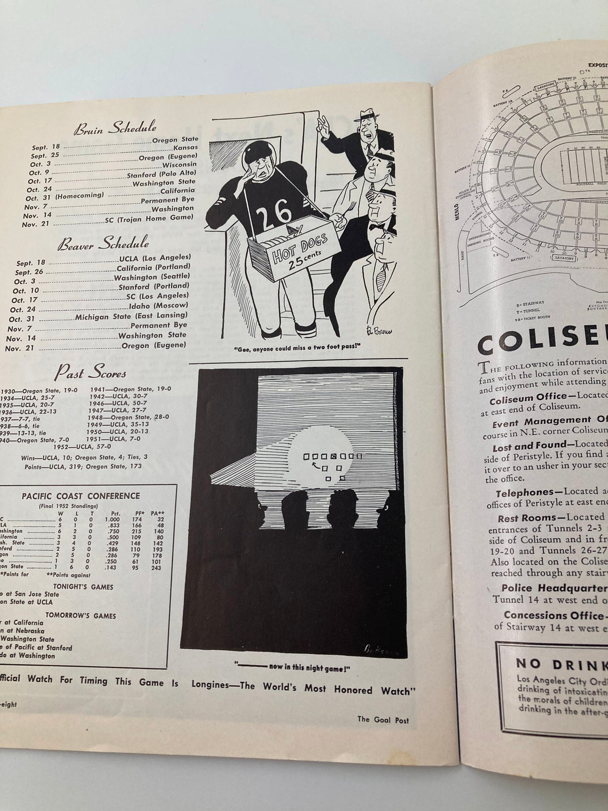 Illustration from the September 18, 1953 NCAA Football program depicting a player and fans at The Goal Post during the OSC vs UCLA Bruins matchup.