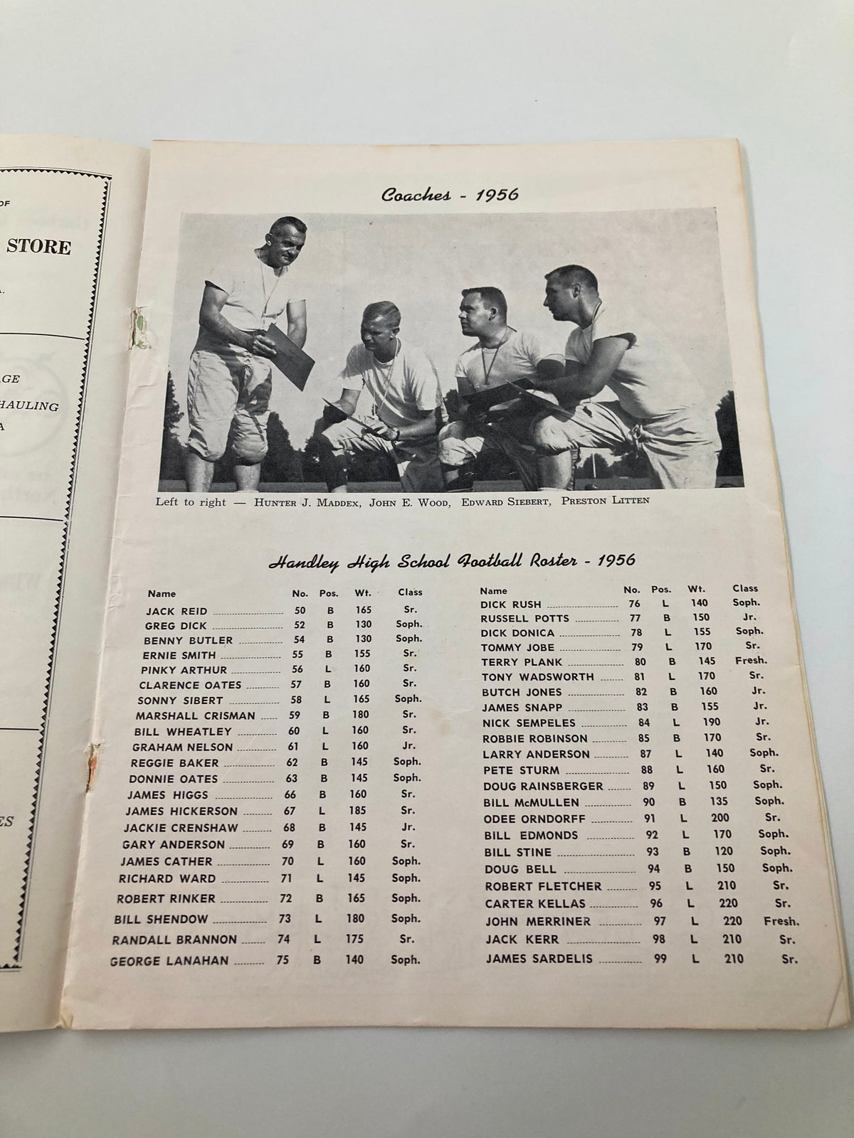 VTG September 22 1956 Football Handley vs Allegany Official Program featuring the 1956 Handley High School football coaches and roster. Coaches pictured include Hunter J. Maddux and John E. Wood. The program lists player names and positions.