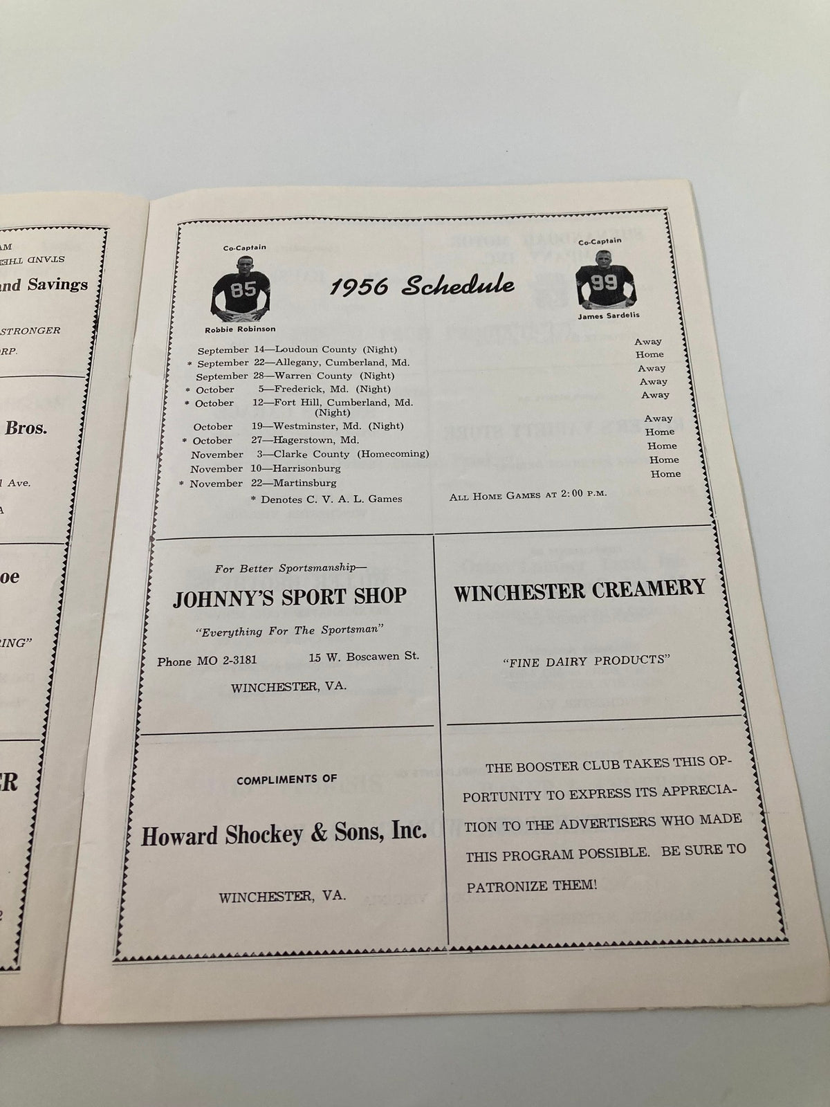 VTG September 22 1956 Football Handley vs Allegany Official Program containing a page with the 1956 football schedule for Handley High School, listing dates and opponents for home and away games.