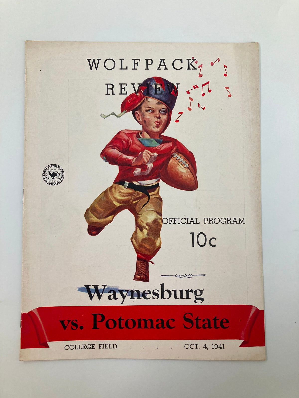 Vintage official football program from October 4, 1941 featuring Waynesburg vs Potomac State, showcasing a young player in classic attire.