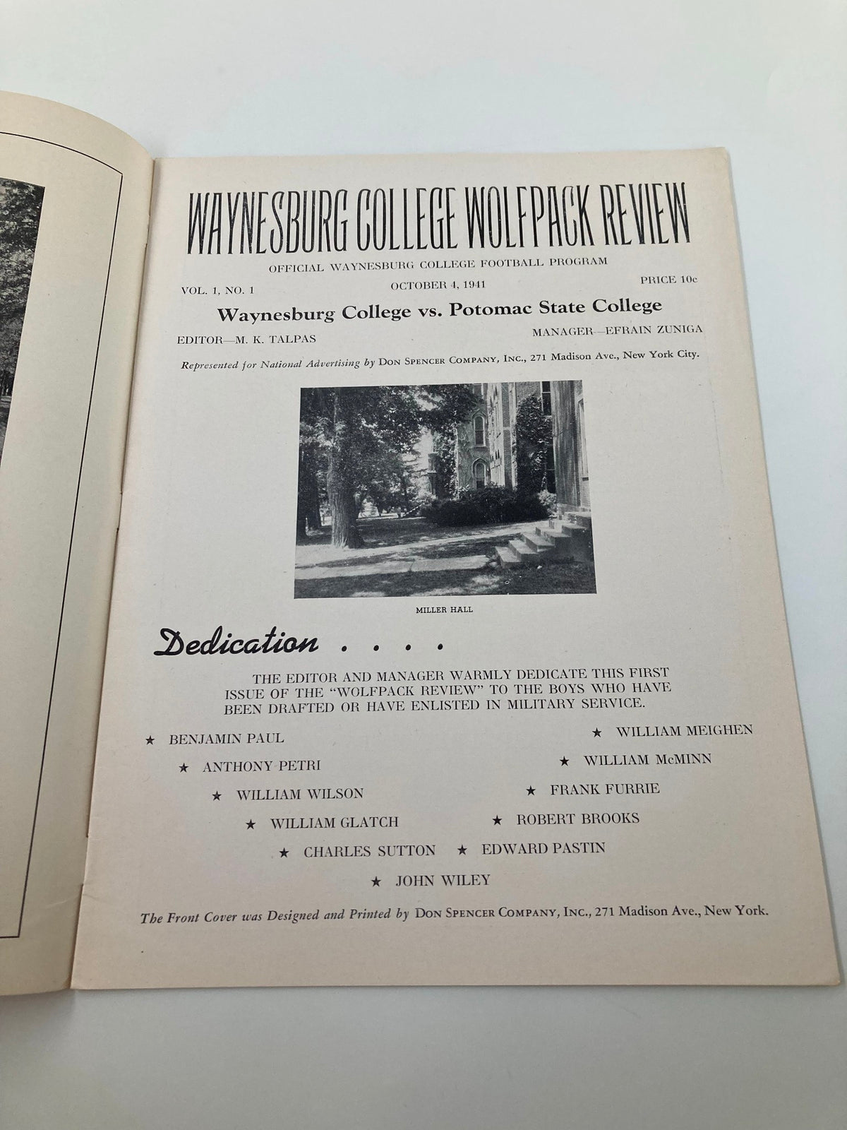 VTG October 4 1941 Football Waynesburg vs Potomac State Official Program - Cover page featuring dedication for the Waynesburg College vs Potomac State College football game.