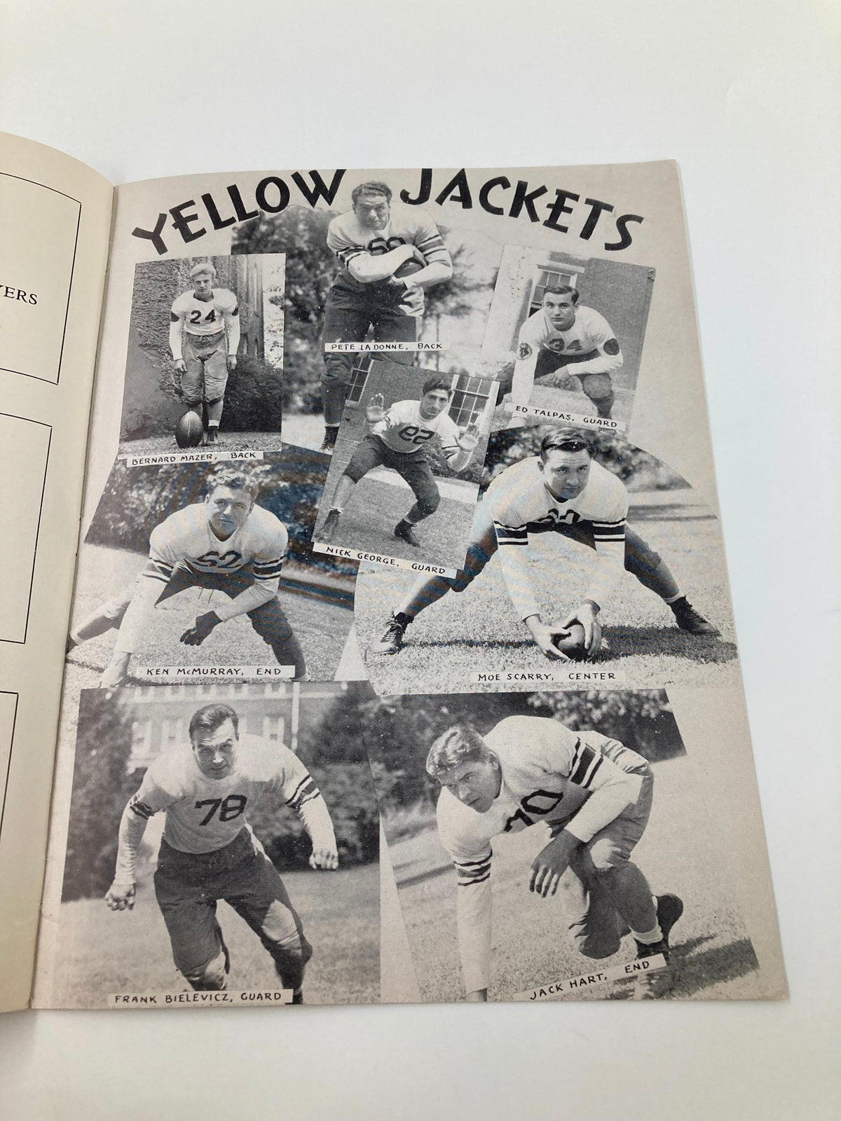 VTG October 4 1941 Football Waynesburg vs Potomac State Official Program - Page showcasing the Yellow Jackets football team members, including player positions and photos.
