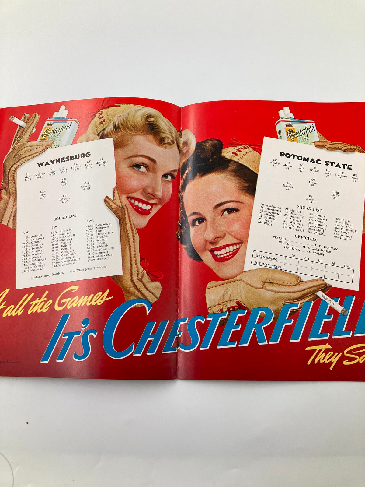 VTG October 4 1941 Football Waynesburg vs Potomac State Official Program - Colorful page advertising Chesterfield with lineups for Waynesburg and Potomac State teams.