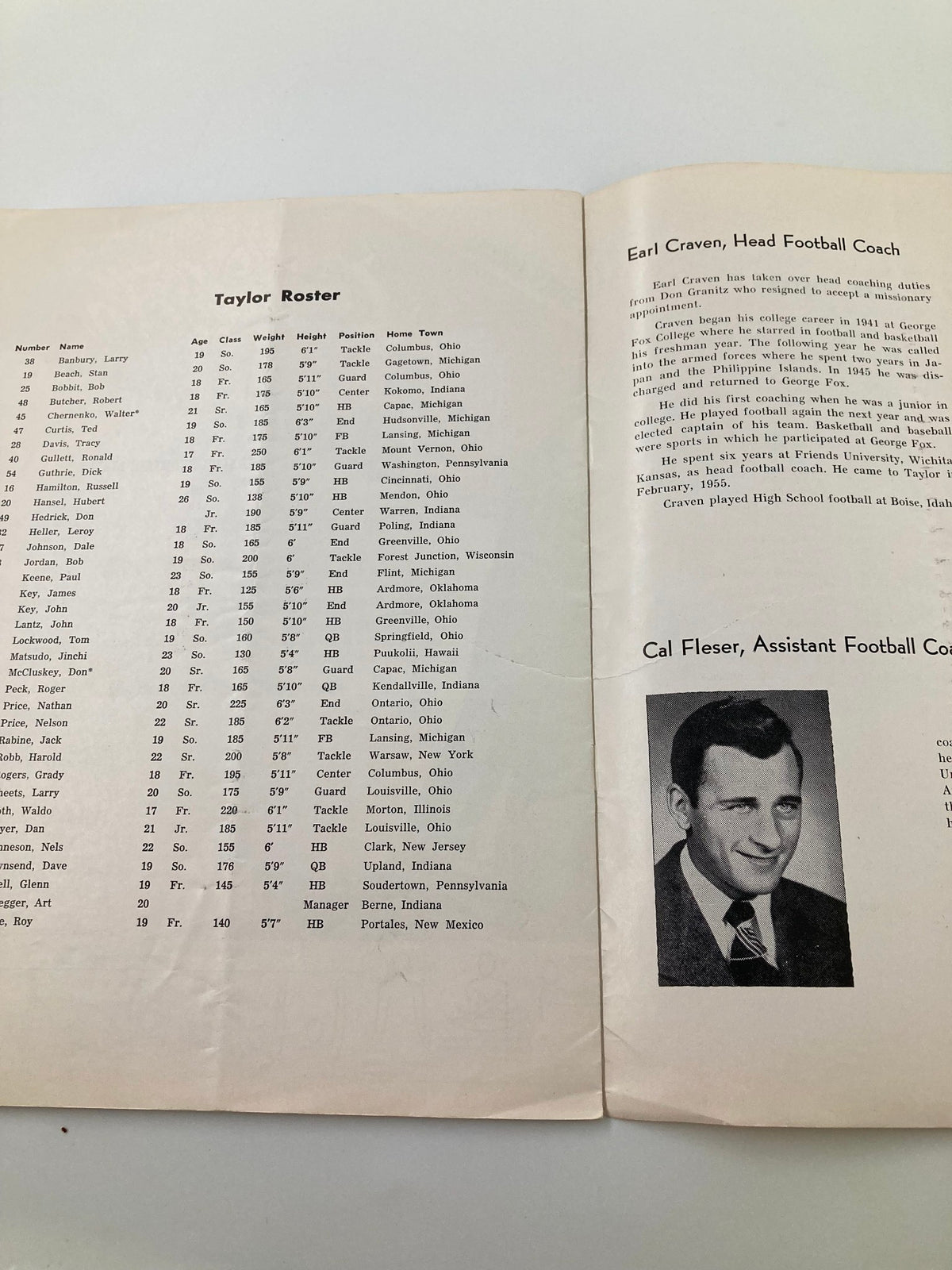 Inside layout of the vintage program titled 'VTG October 22 1955 Football Taylor University vs Earlham College Program' showing the Taylor University roster and coach profiles.