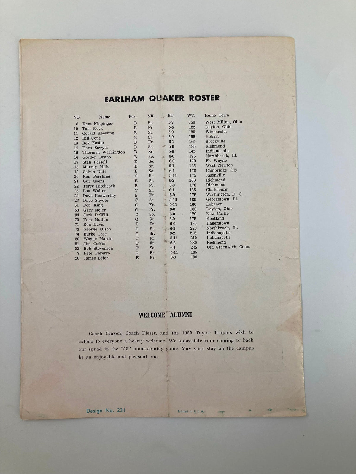 Final page of the vintage football program 'VTG October 22 1955 Football Taylor University vs Earlham College Program' listing the Earlham College roster and alumni welcome message.