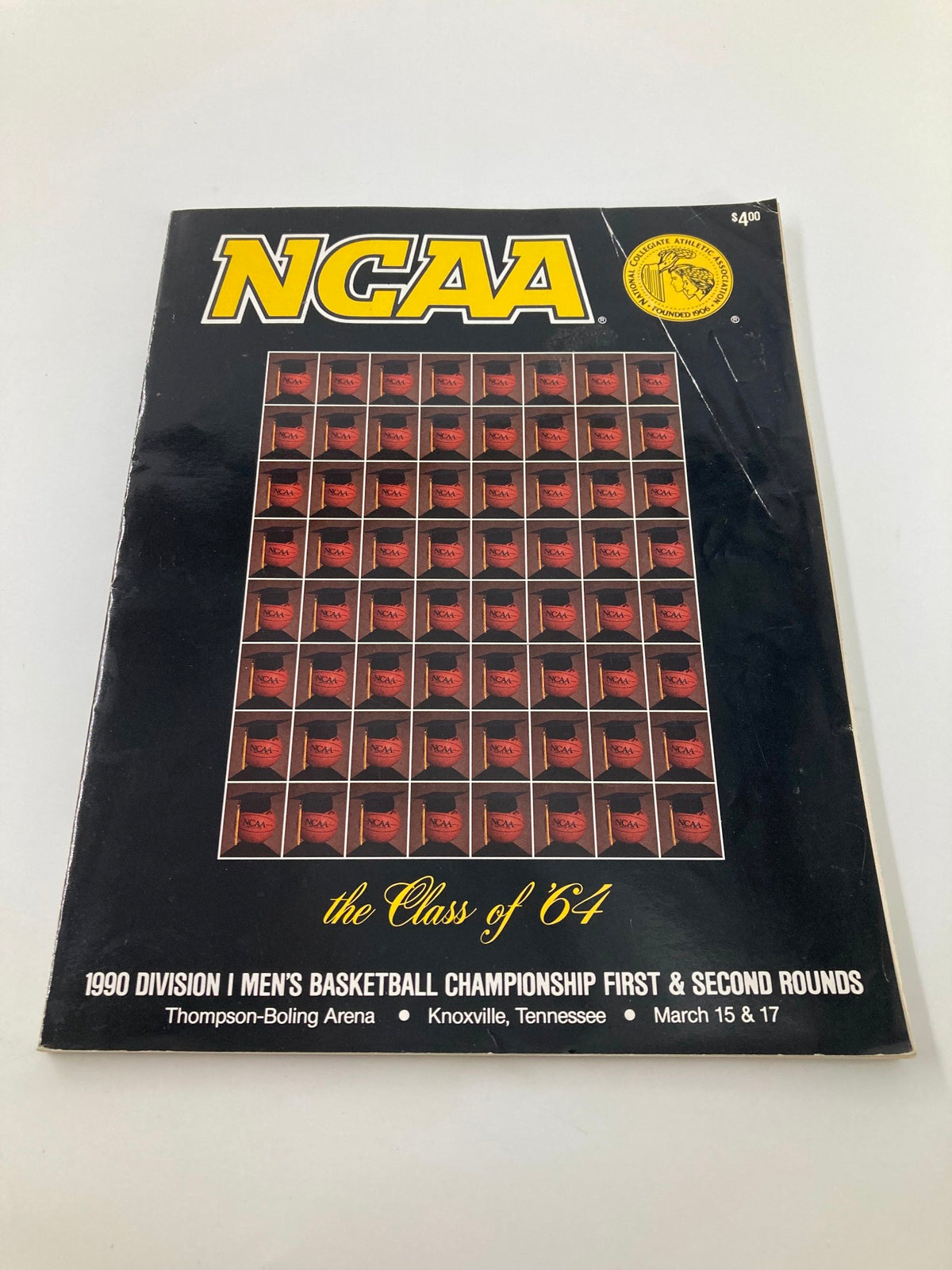 Cover of the 1990 NCAA Division I Men's Basketball Championship First & Second Rounds program featuring a grid of basketball player images and the NCAA logo.