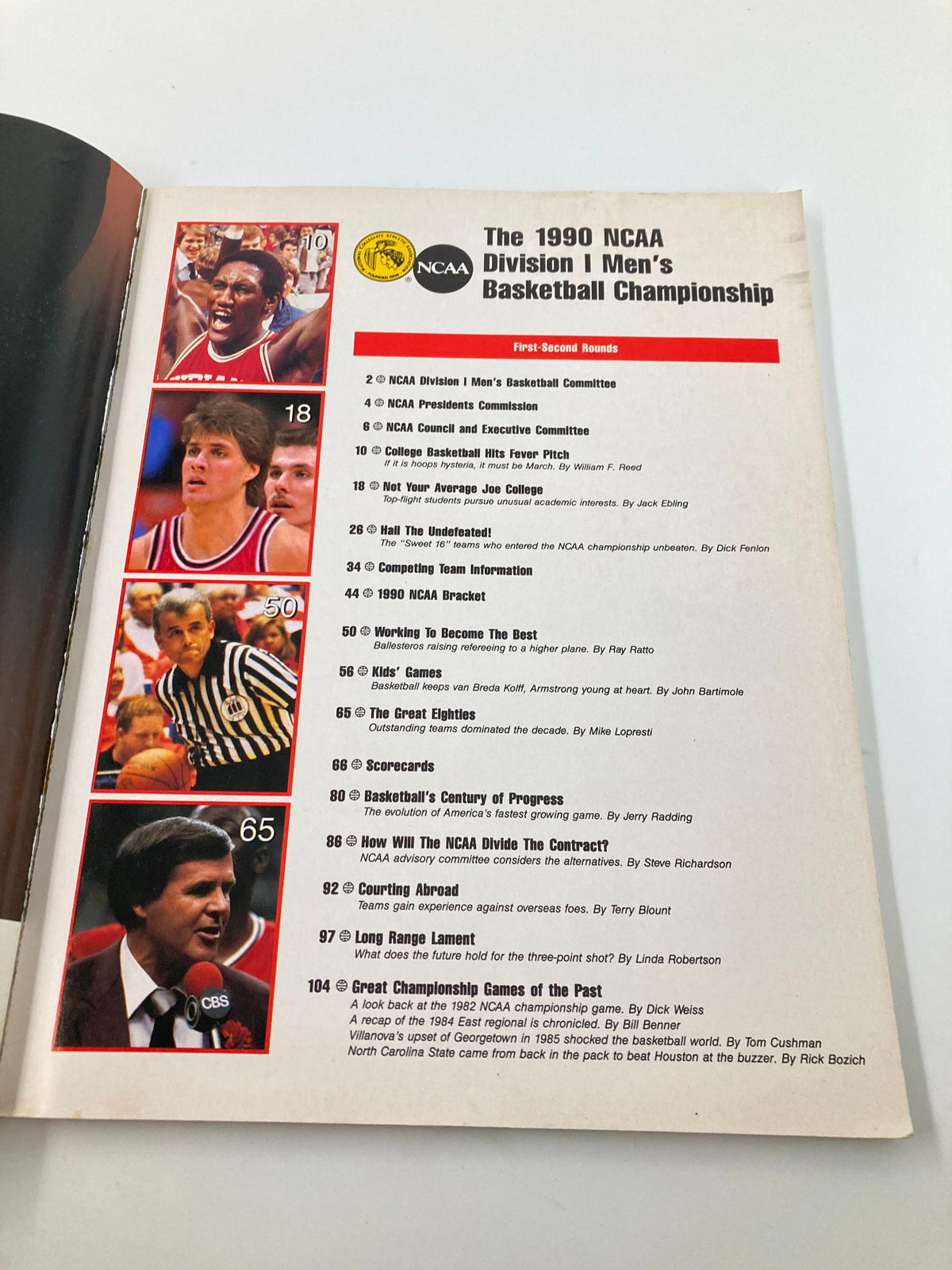 Inside page of the 1990 NCAA Division I Men's Basketball Championship First & Second Rounds program with a graphic of players and event details.