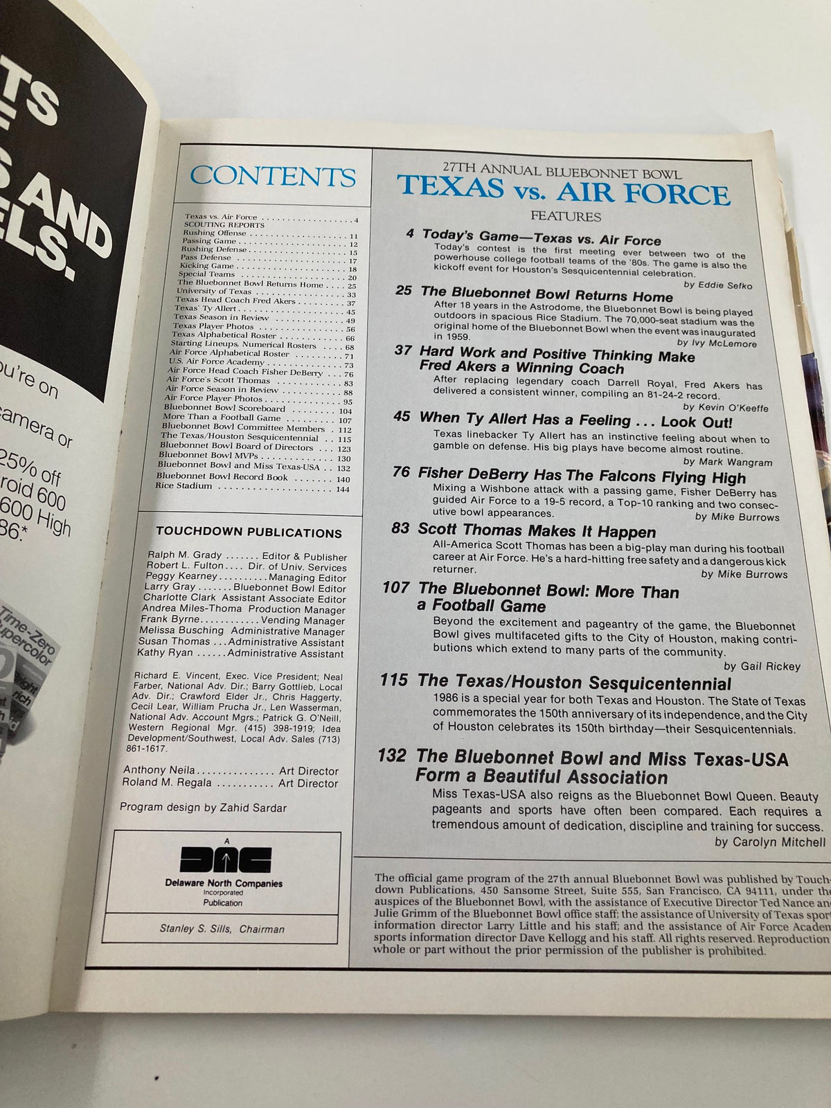 Page from the VTG December 31 1985 Air Force vs Texas Bluebonnet Bowl Official Program depicting the game contents and features, including team names and sponsors.