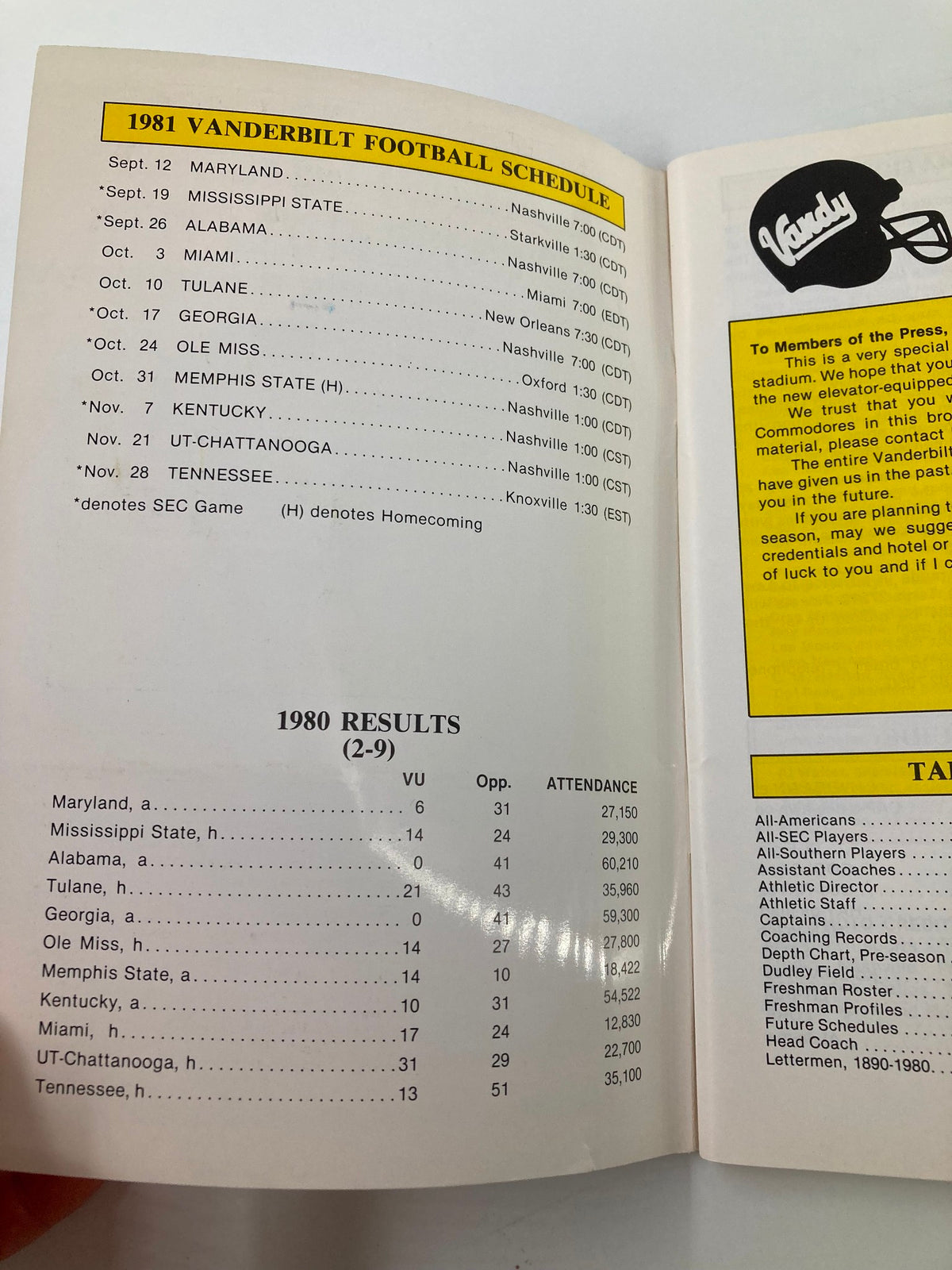 Inside view of the VTG 1981 Vanderbilt Football Ken Hammond All-American Candidate Program showing the team schedule and previous season results.