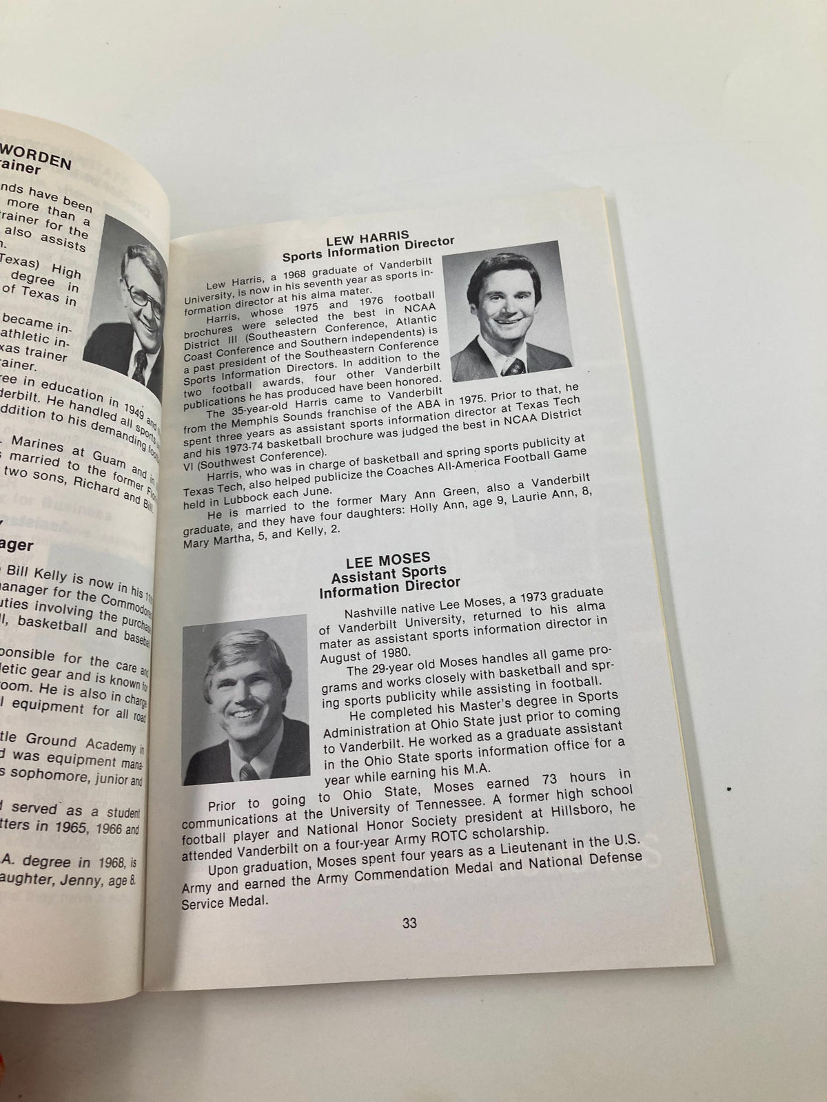Page from the VTG 1981 Vanderbilt Football Ken Hammond All-American Candidate Program featuring profiles of sports information directors Lew Harris and Lee Moses, highlighting their contributions to Vanderbilt athletics.