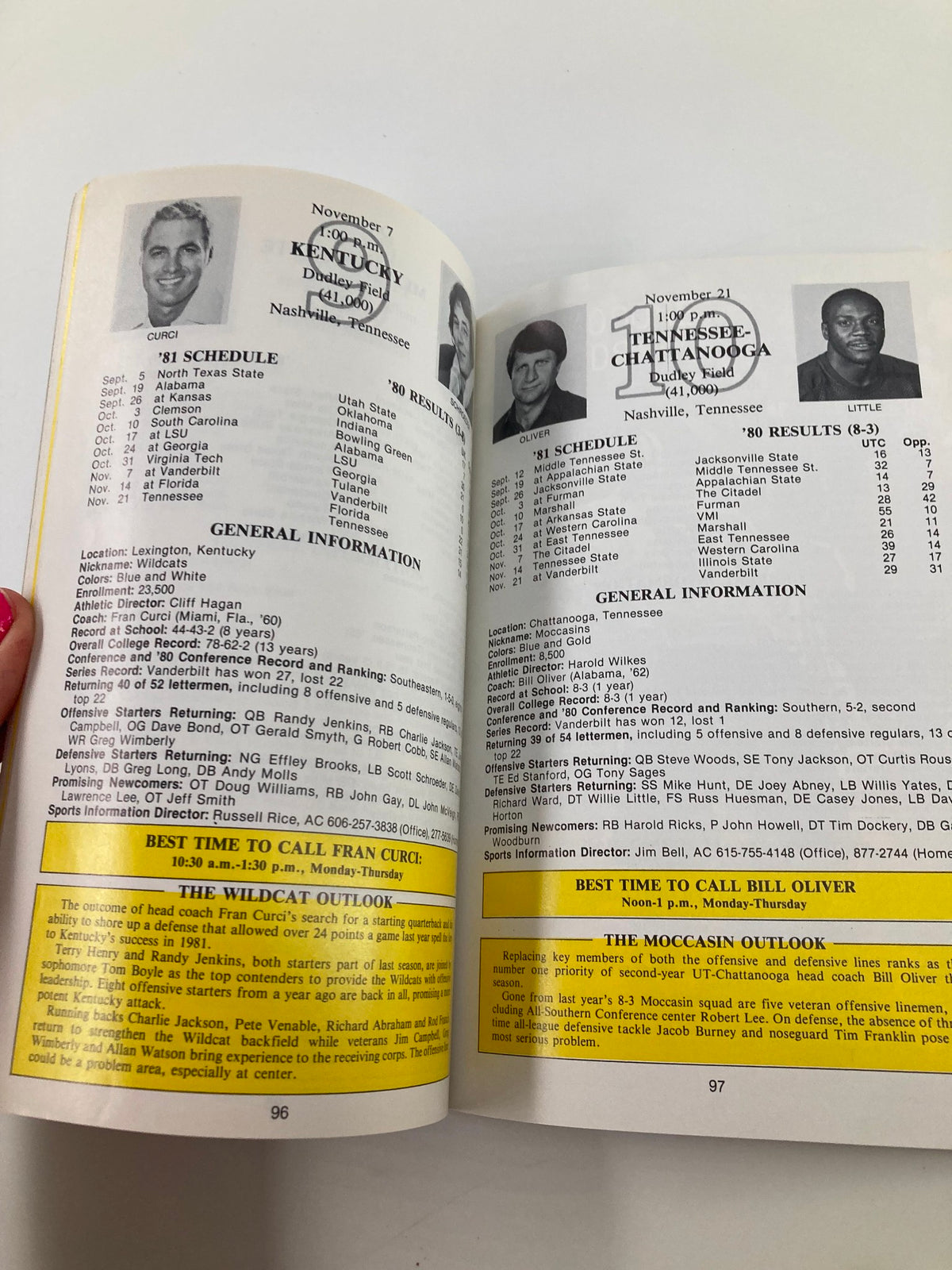 Page from the VTG 1981 Vanderbilt Football Ken Hammond All-American Candidate Program displaying the football schedule and results for the 1981 season, including game information for Vanderbilt and their opponents.