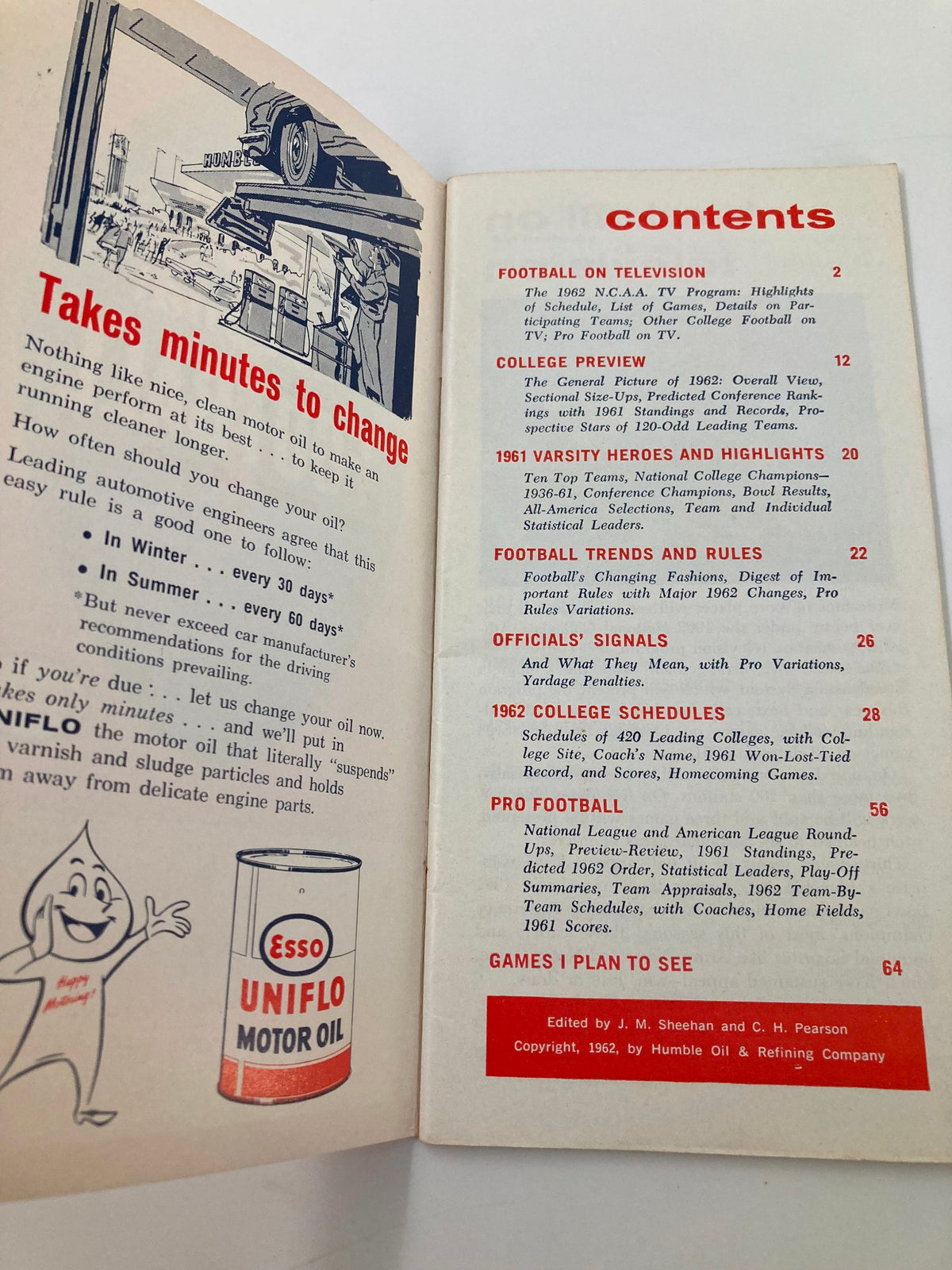 Inside page of the VTG 1962 National Football College Preview Program showing the table of contents with headings related to college football.
