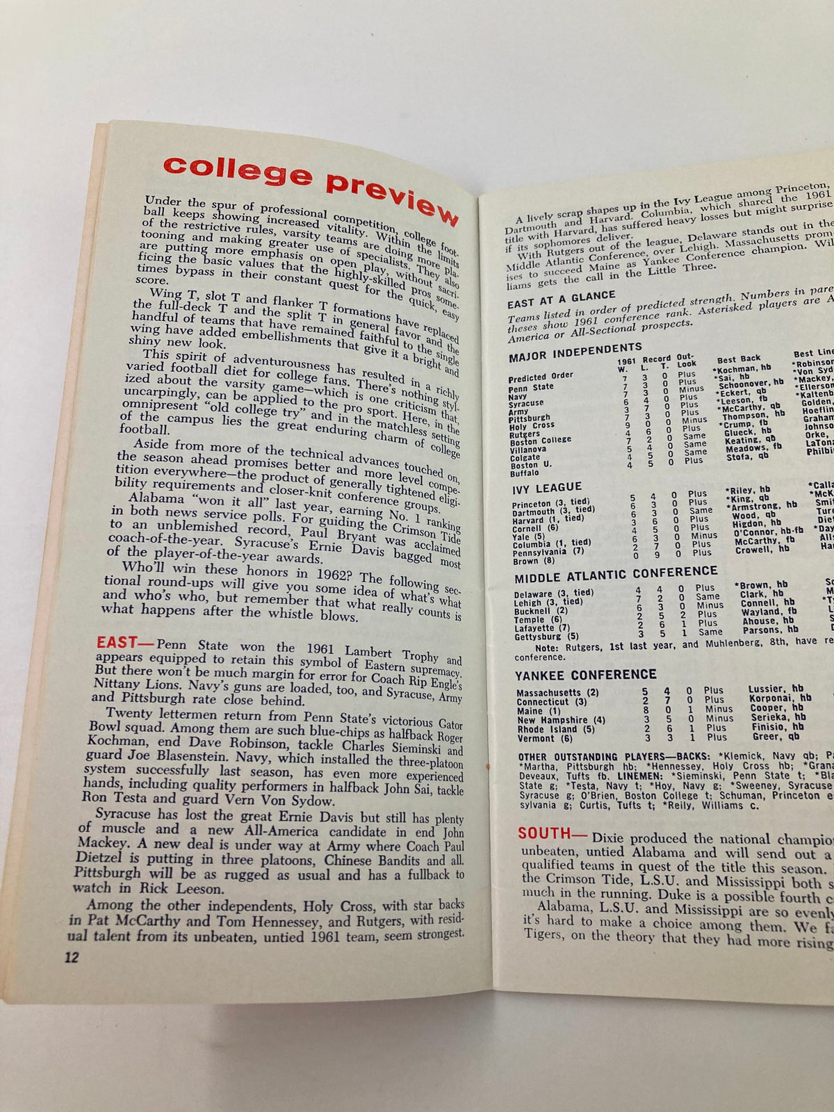 Inside page of the VTG 1962 National Football College Preview Program titled 'college preview' highlighting teams and player insights.