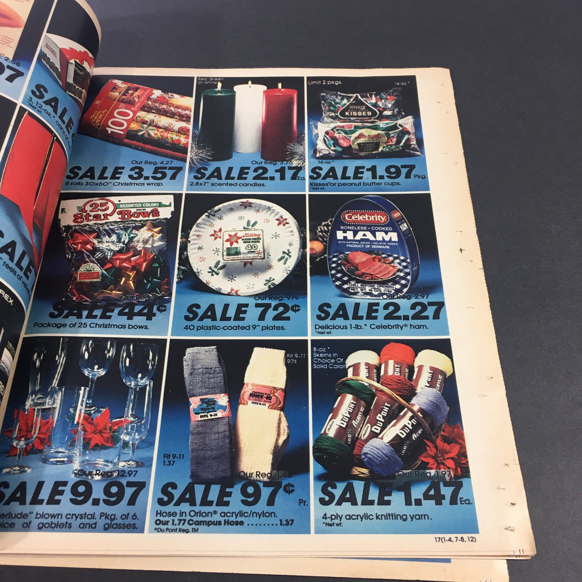 VTG Retro December 1983 K-Mart Gift Saving Spree Circular Advertising Ads displaying holiday items including wrapping paper, candles, and plates with sale prices.