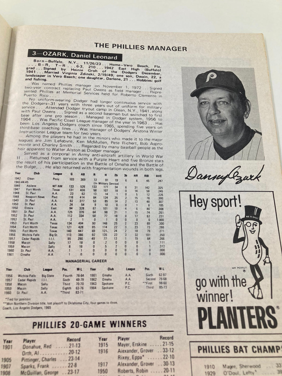 1973 MLB Philadelphia Phillies Magazine featuring a profile of manager Danny Ozark with details of his career statistics.