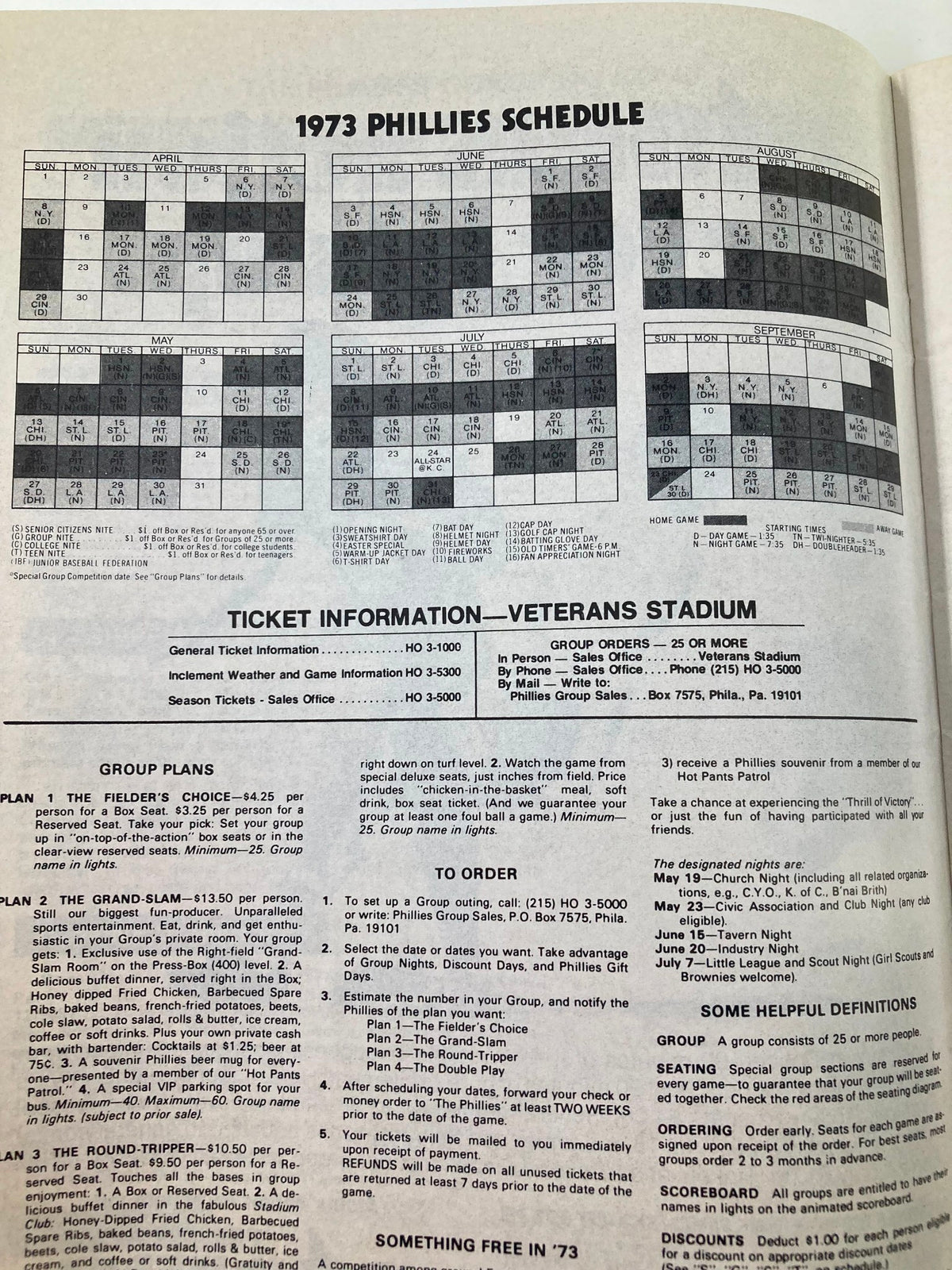 1973 MLB Philadelphia Phillies Magazine showing the complete schedule for the Philadelphia Phillies, highlighting game dates and ticketing information.