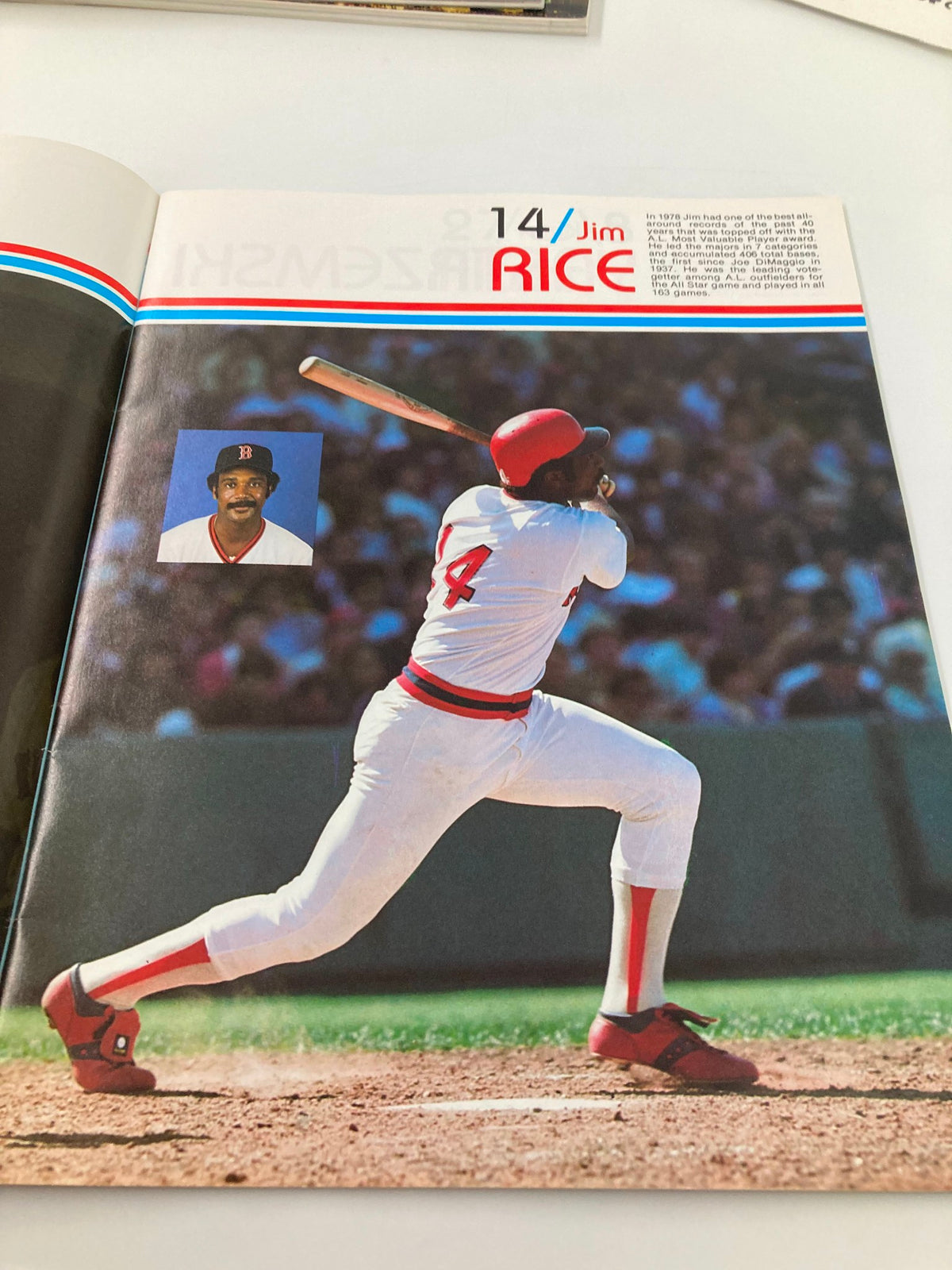 1979 MLB Boston Red Sox Official Yearbook highlighting Jim Rice in action, emphasizing his impact as a top performer for the team.