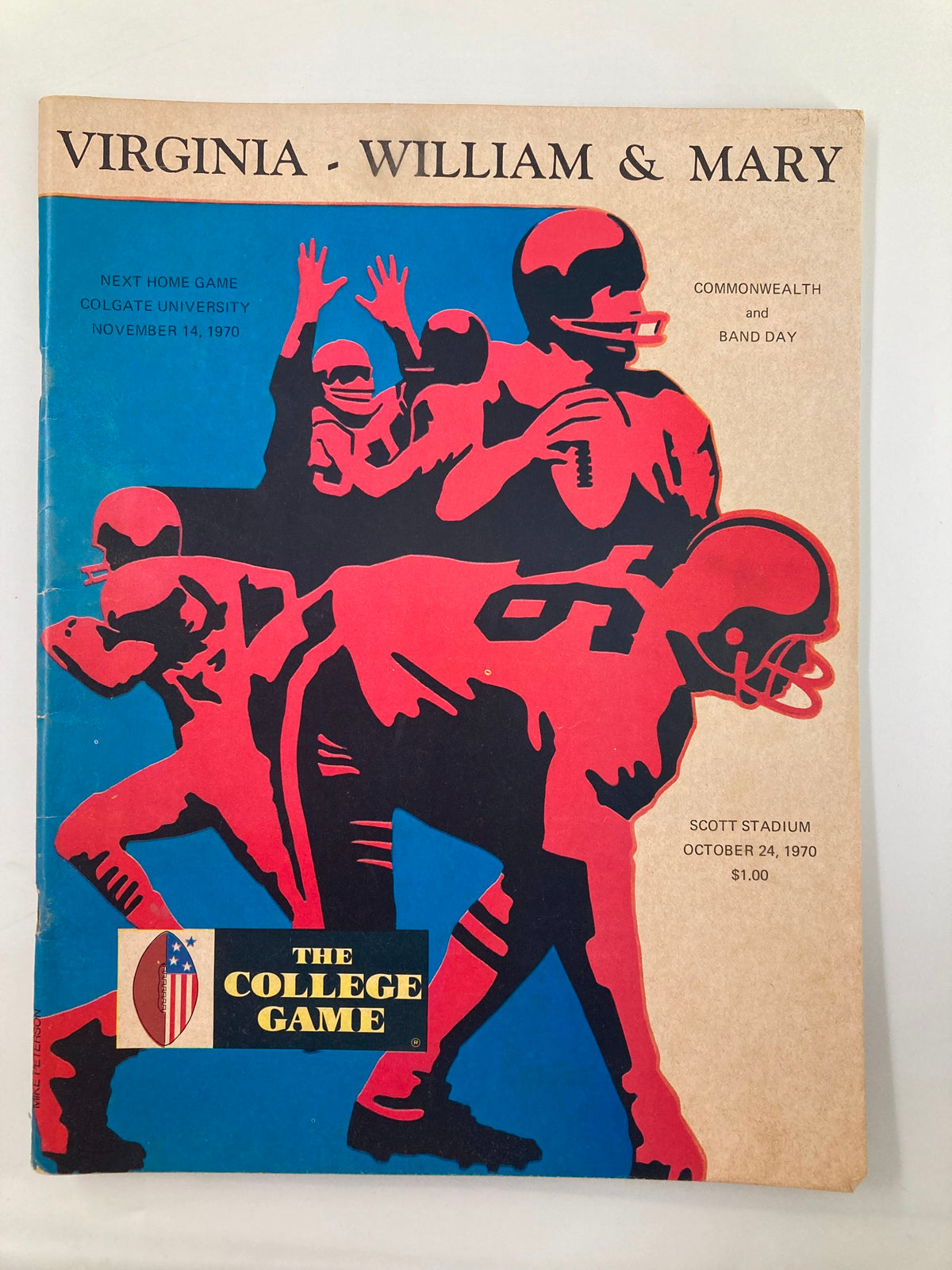 Cover of October 24 1970 The College Game Virginia William & Mary Scott Stadium Program featuring stylized football players in action.