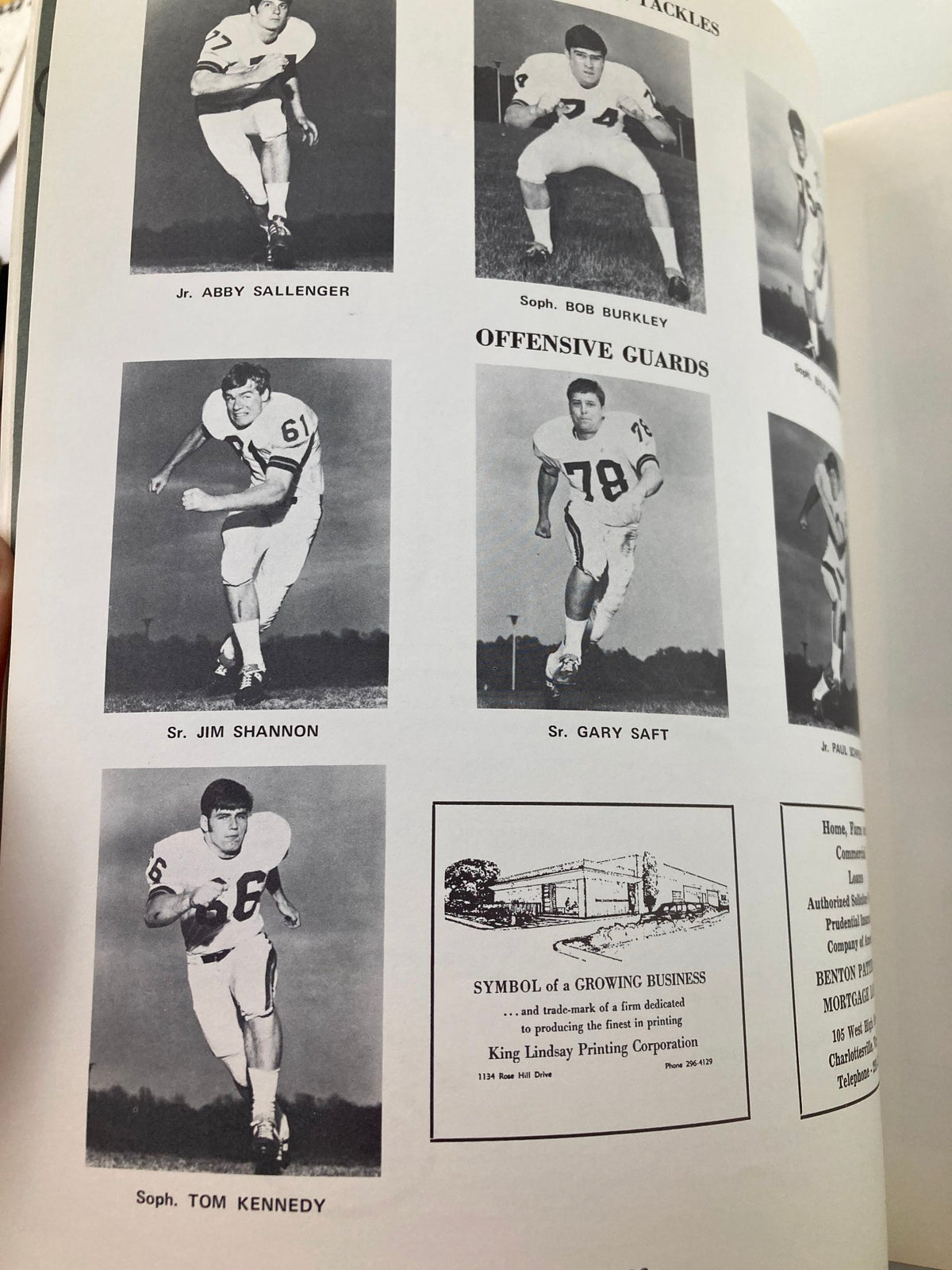 October 24 1970 The College Game Virginia William & Mary Scott Stadium Program featuring players Abby Sallenger, Bob Burkley, Jim Shannon, Gary Saft, and Tom Kennedy in their football uniforms.
