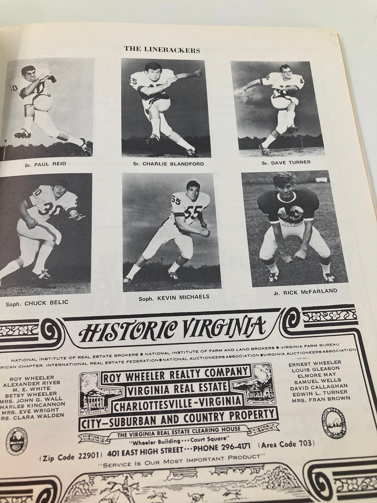 October 24 1970 The College Game Virginia William & Mary Scott Stadium Program displaying linebackers including Paul Reid, Charlie Blanford, and others, with a vintage real estate advertisement.