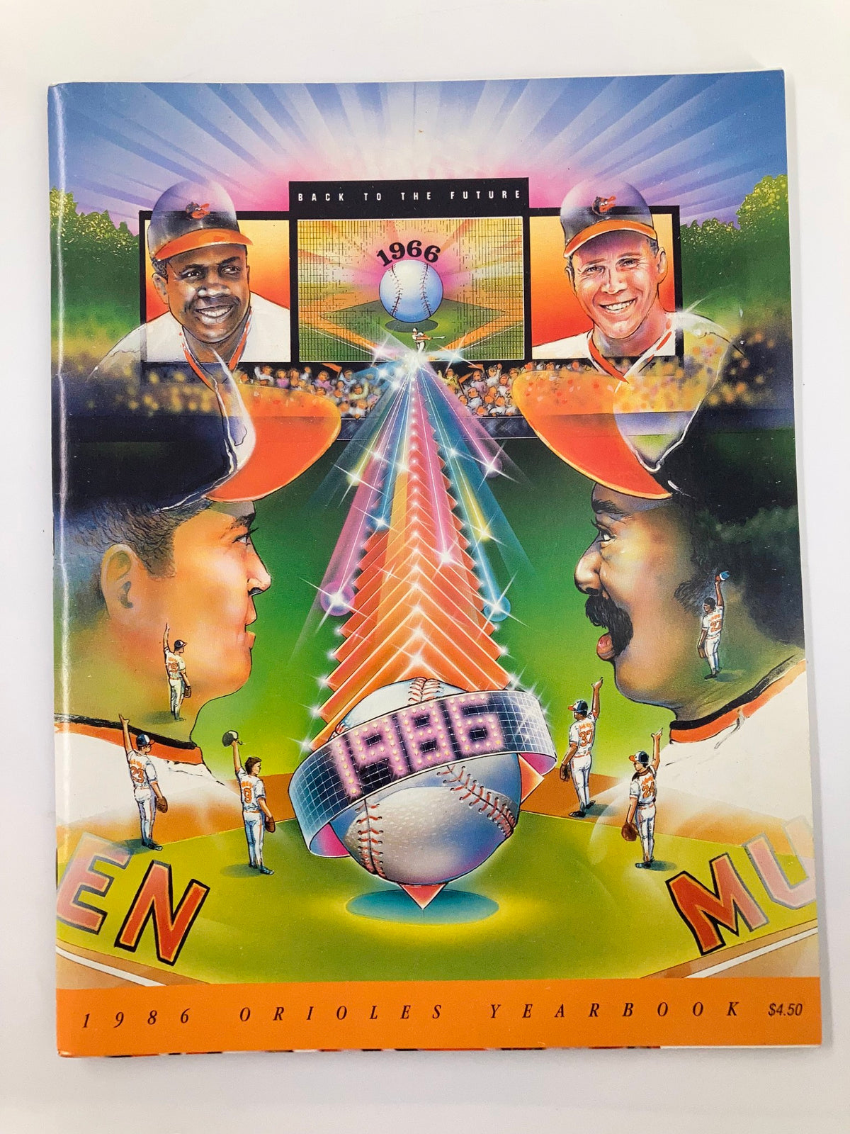 1966 Baltimore Orioles Yearbook cover featuring vibrant colors and illustrations of three iconic players.