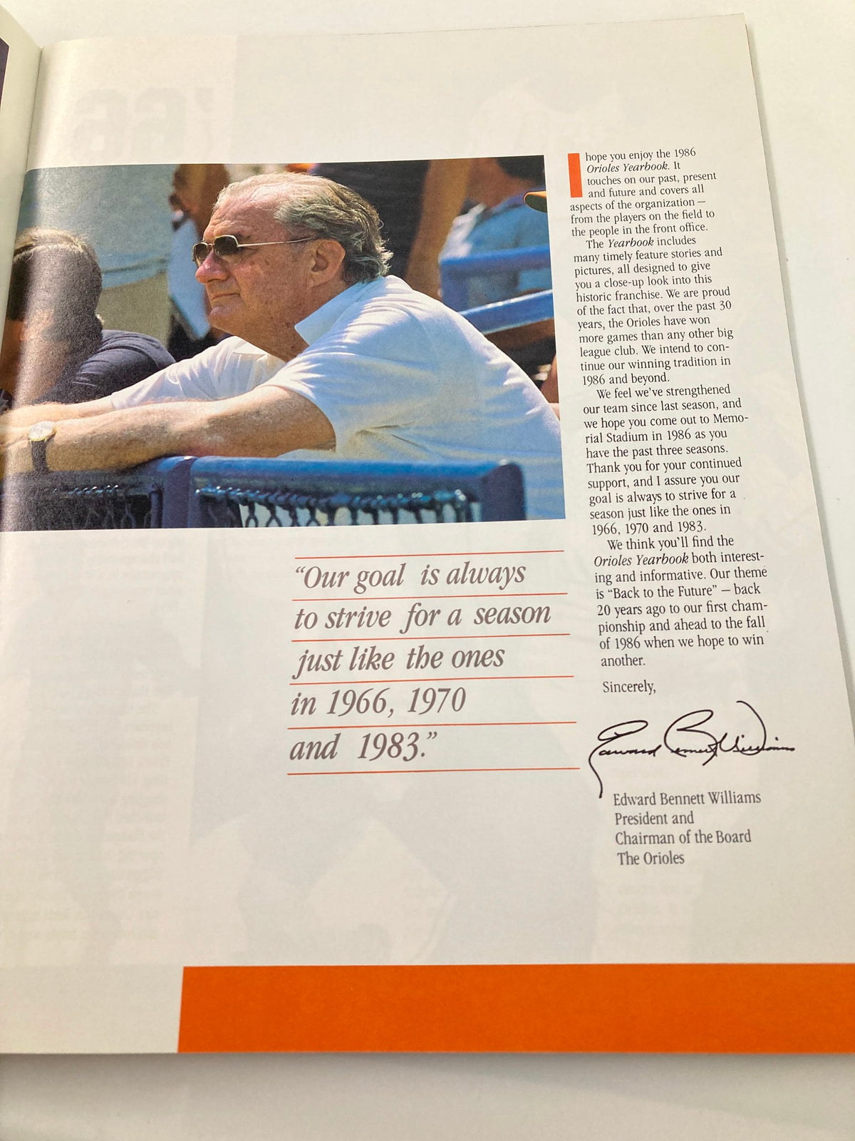 Message from Edward Bennett Williams in the 1966 Baltimore Orioles Yearbook emphasizing the team's commitment to excellence.