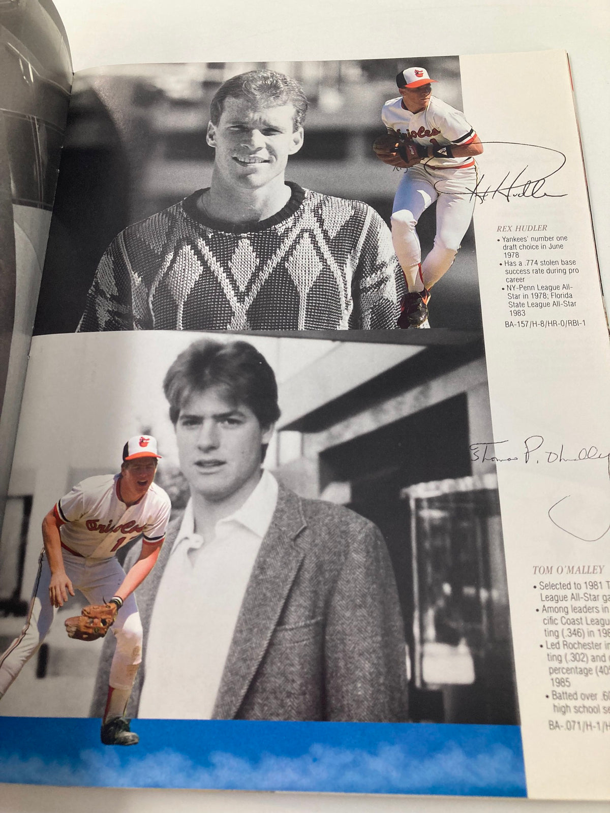 1966 Baltimore Orioles Yearbook displaying Rex Hudler in a baseball pose alongside a formal photo, highlighting notable players.