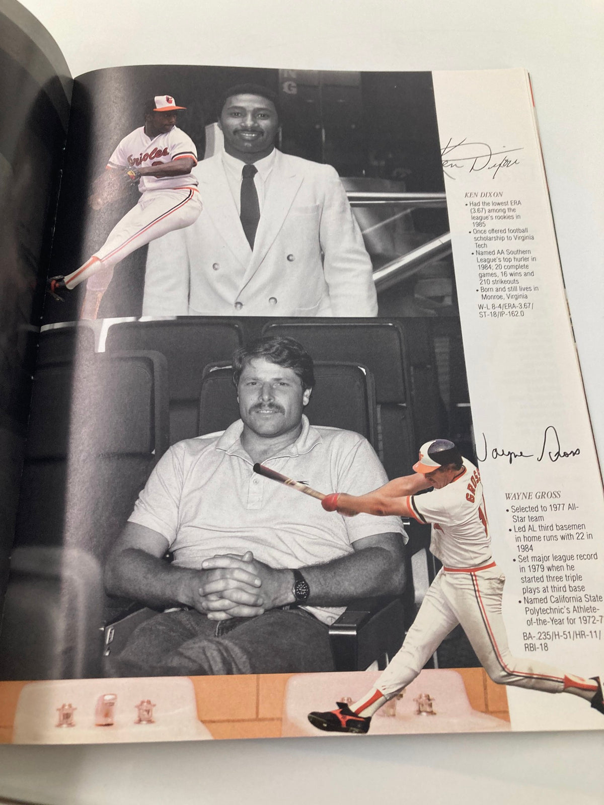 Image from the 1966 Baltimore Orioles Yearbook featuring Ken Singleton and Wayne Gross, showcasing player profiles and vintage baseball graphics.